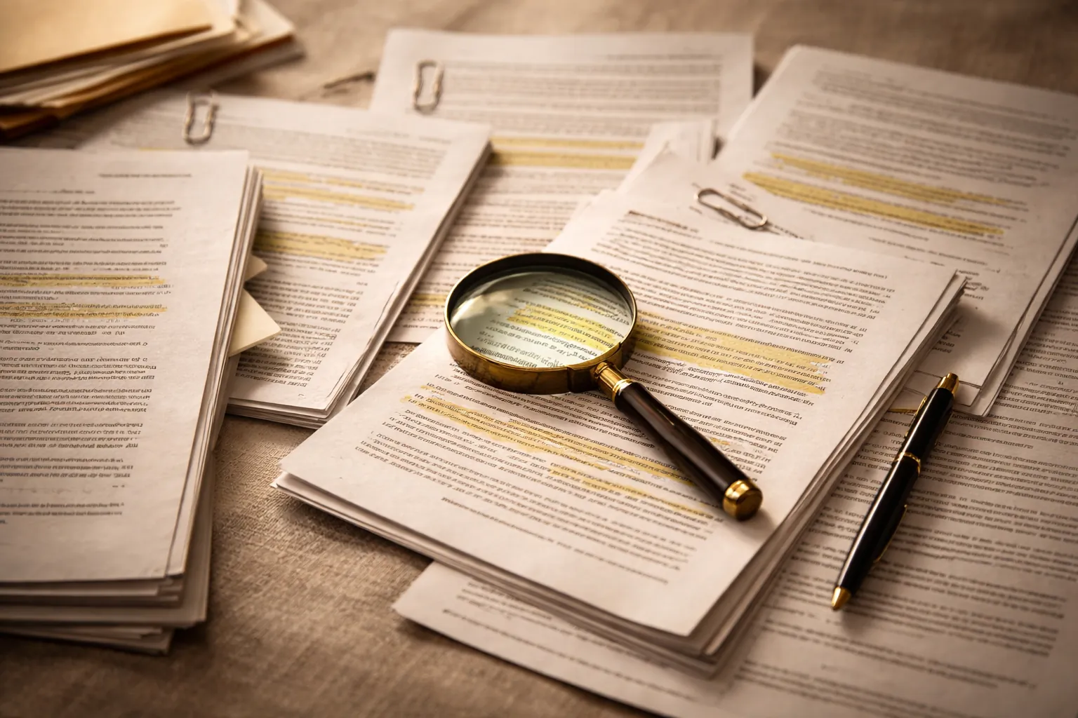 Scattered primary source documents, government filings, and highlighted text