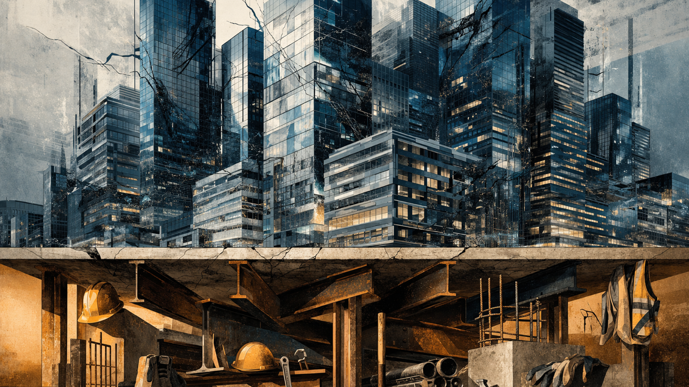 Abstract editorial illustration of an inverted pyramid — white-collar office towers balanced on a narrow point above a stable foundation of trades and manual labour, with fracture lines running through the upper structure