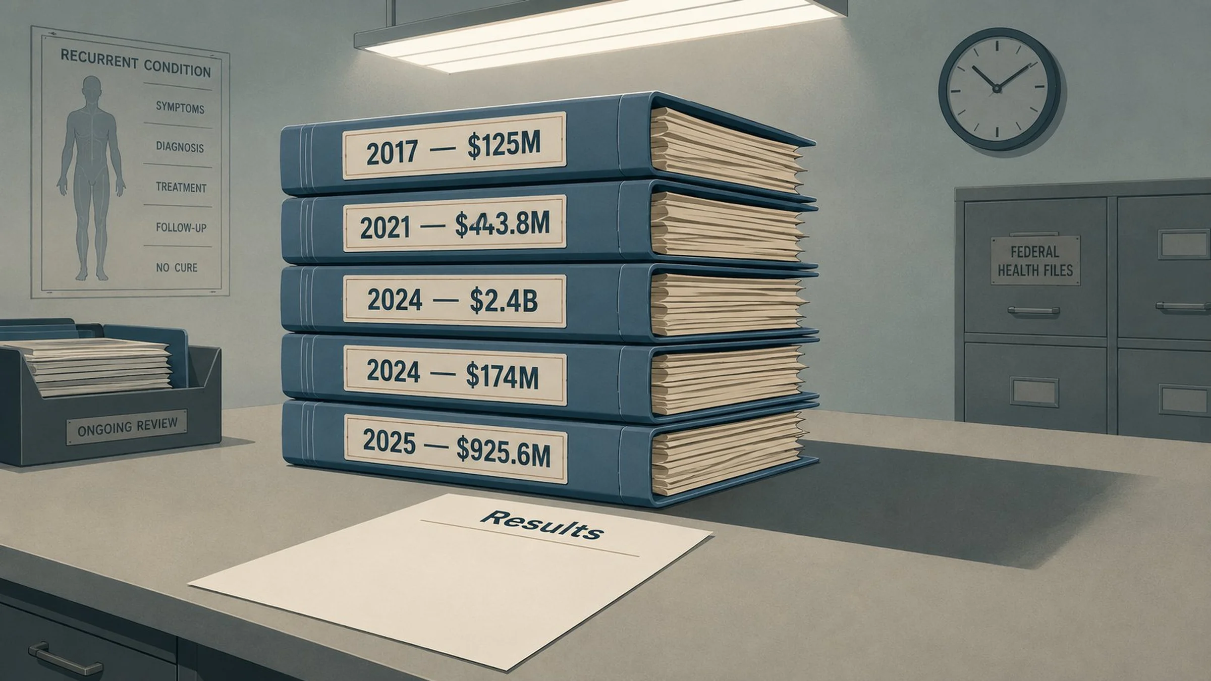 An illustration of stacked federal funding announcements receding into the distance, each bearing the same headline in slightly different words