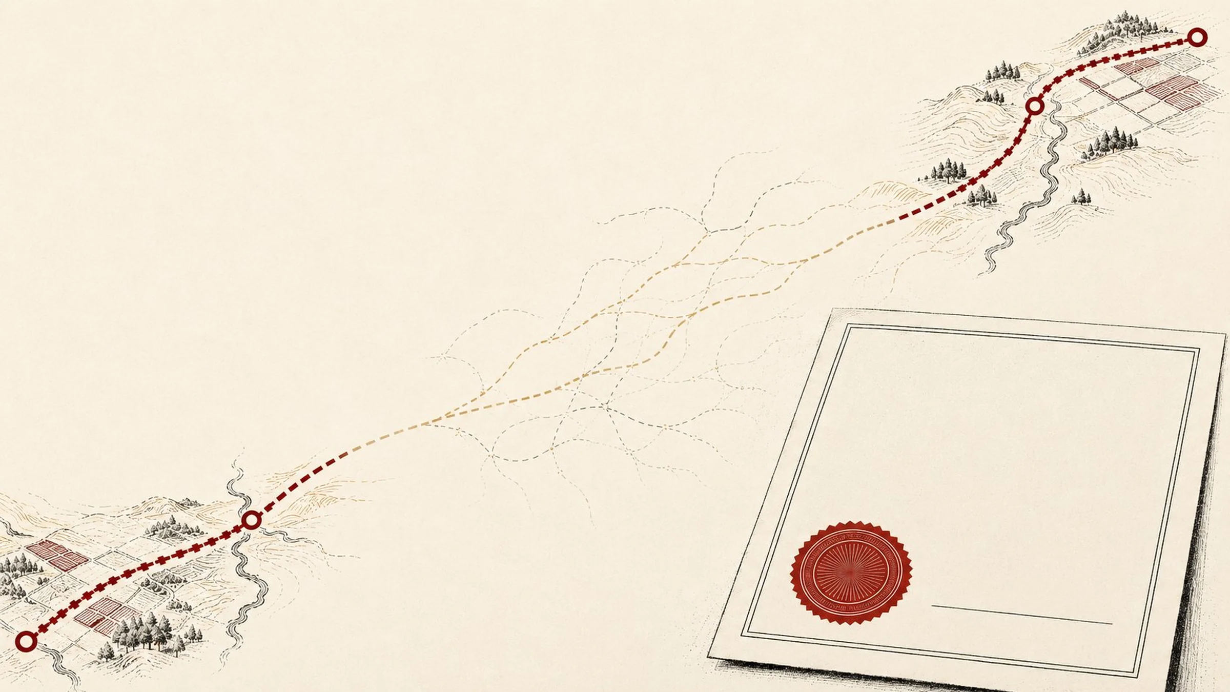 Illustration of a high-speed rail corridor drawn as a dotted line across a map with the route section left blank, beside a stamped legal document