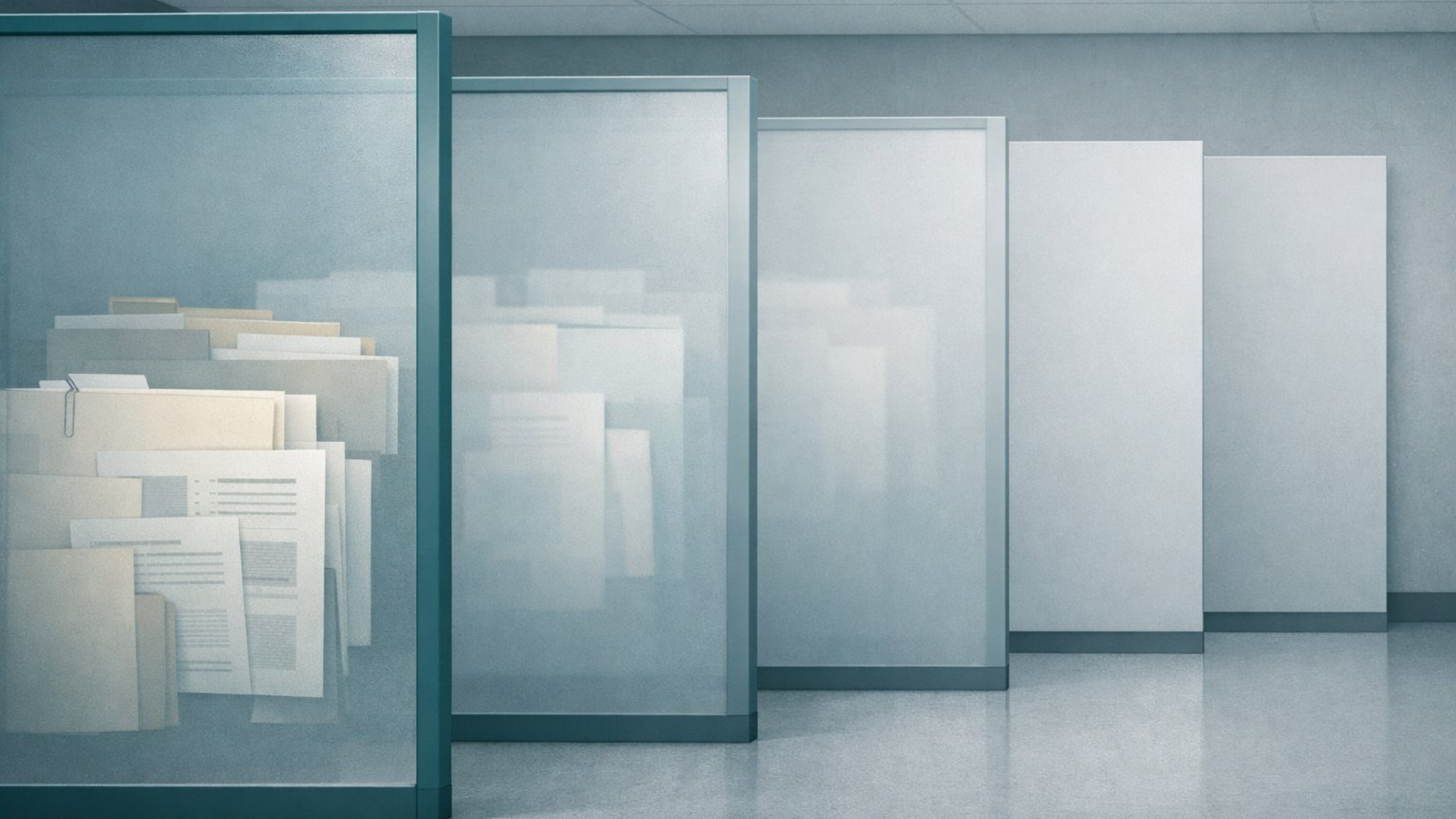 Abstract editorial illustration of layered translucent documents being progressively obscured behind frosted glass panels, representing government transparency barriers