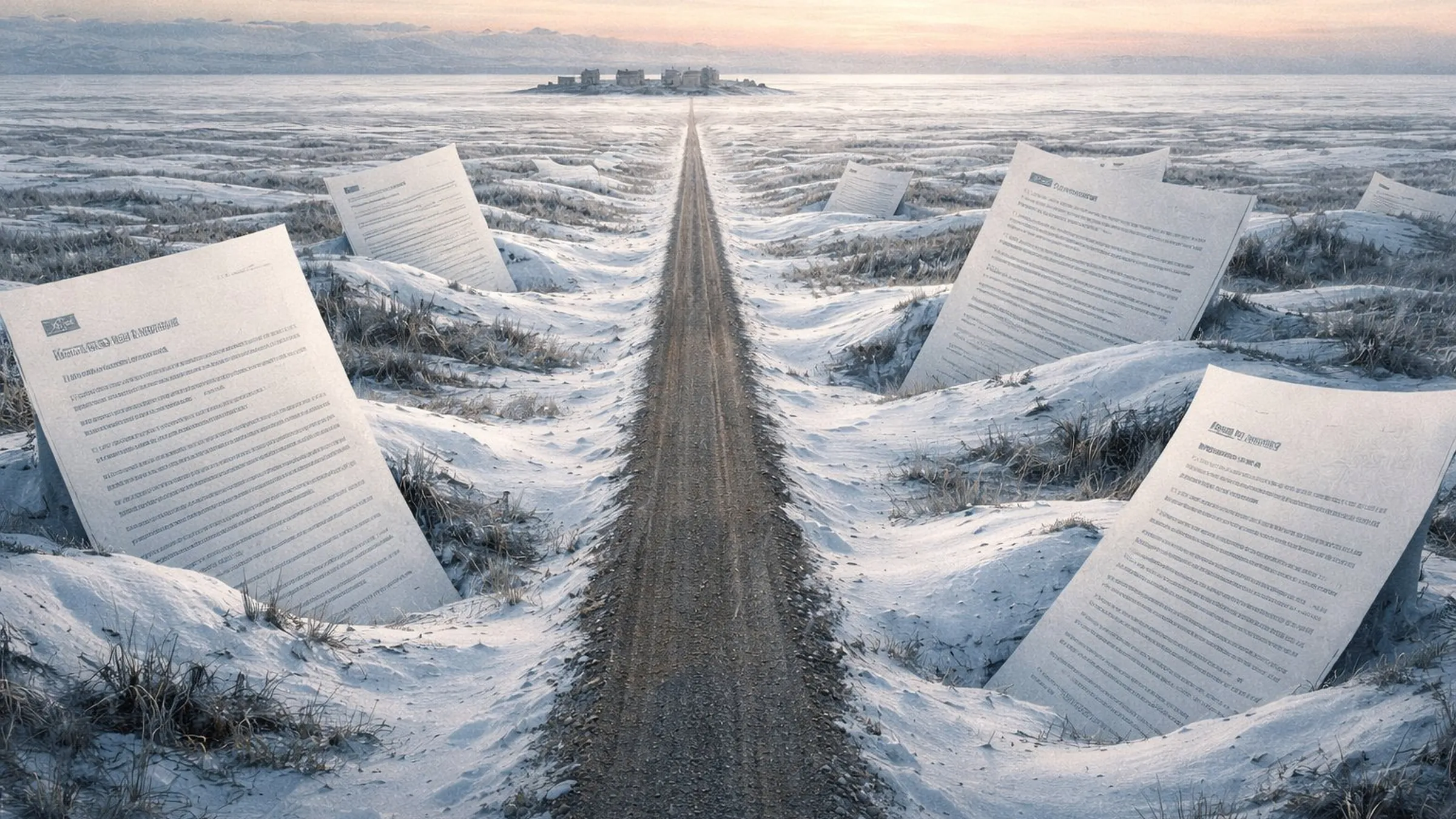 Aerial view of a vast Arctic landscape with a single narrow road stretching toward the horizon, flanked by overlapping government document pages half-buried in snow and ice
