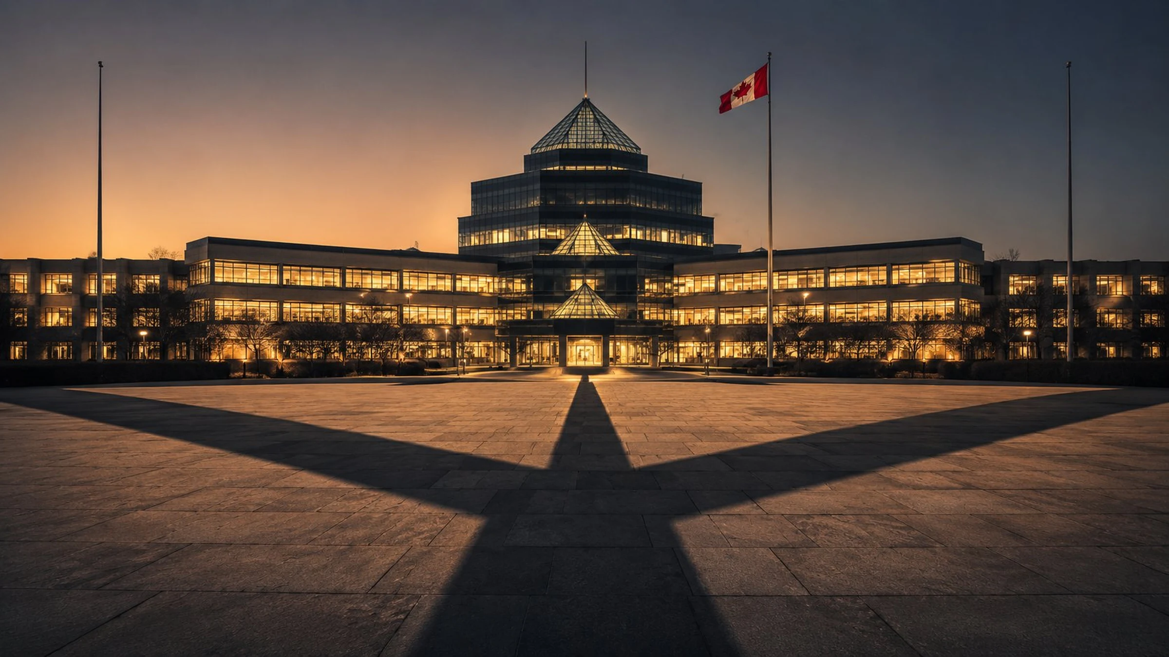 Illustration of the Bank of Canada building at dusk with three long shadows converging on the entrance from different directions