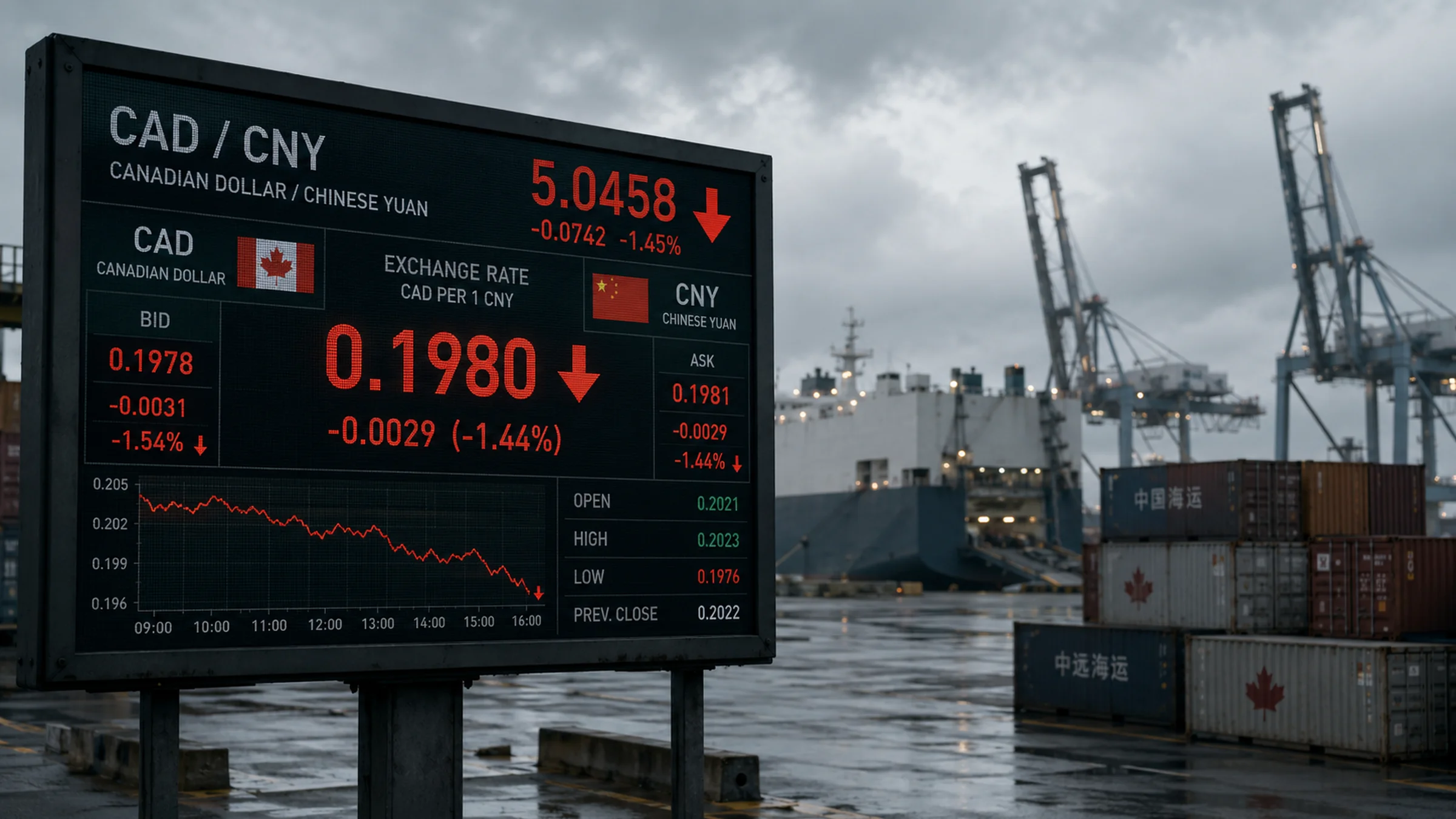 A digital currency exchange board showing falling Canadian dollar rates against the Chinese renminbi, set against a port backdrop with shipping containers