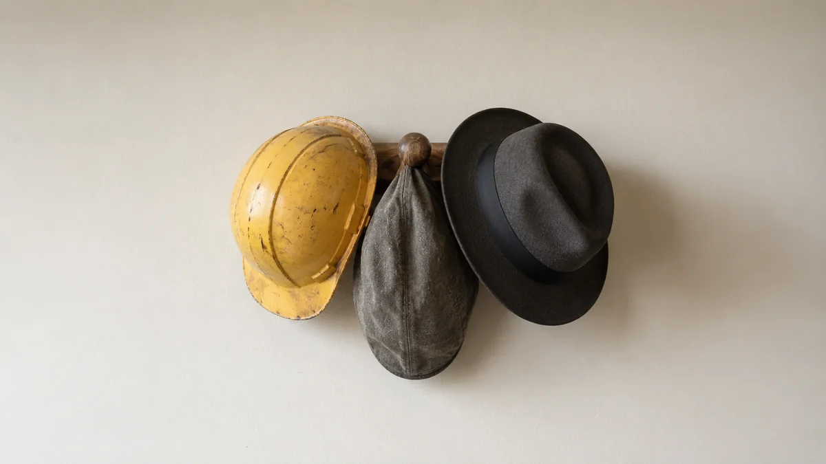 Three different hats, a hard hat, a flat cap, and a fedora, hanging together on a single wooden peg, representing one fund holding three roles.