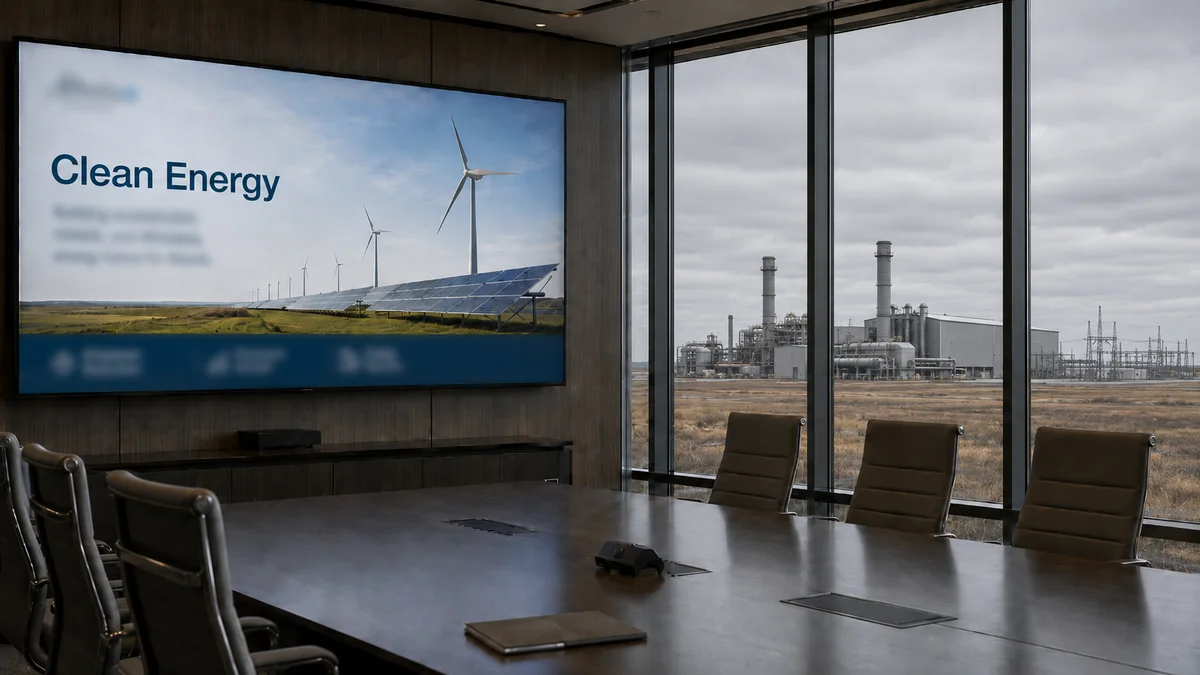 A government presentation screen displaying clean energy graphics in an empty boardroom, with a natural gas power plant visible through the window behind it
