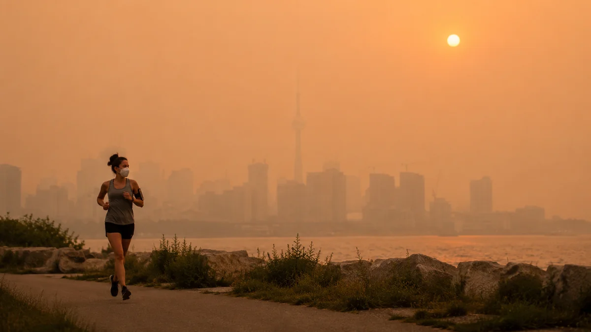 A masked runner on a Toronto waterfront path, the city skyline and CN Tower dissolving into thick orange wildfire smoke behind a dim sun.