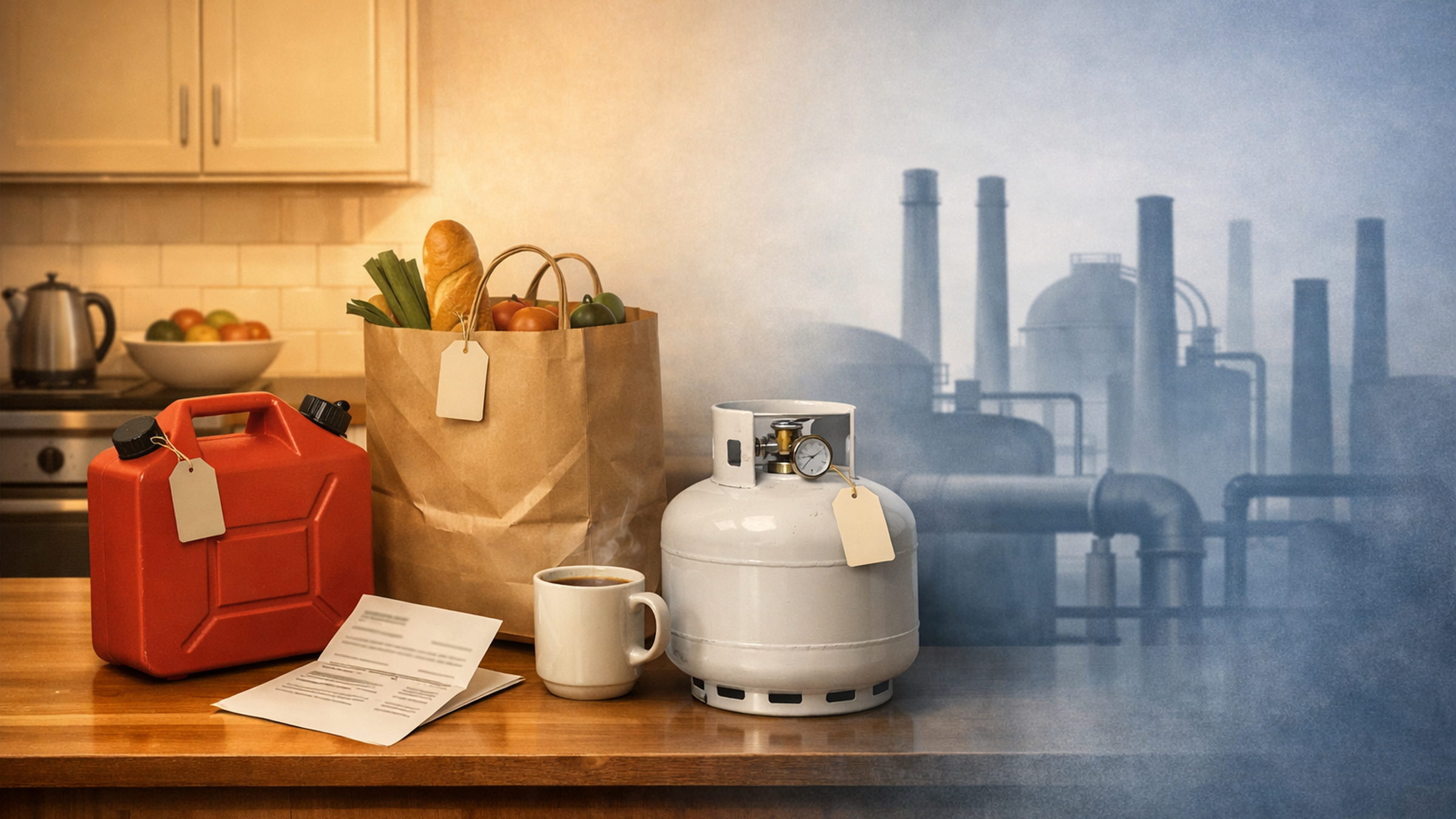 Editorial illustration of a divided landscape: on the left, a household kitchen with visible price tags on fuel, groceries, and heating; on the right, an industrial facility fading into abstraction behind frosted glass.
