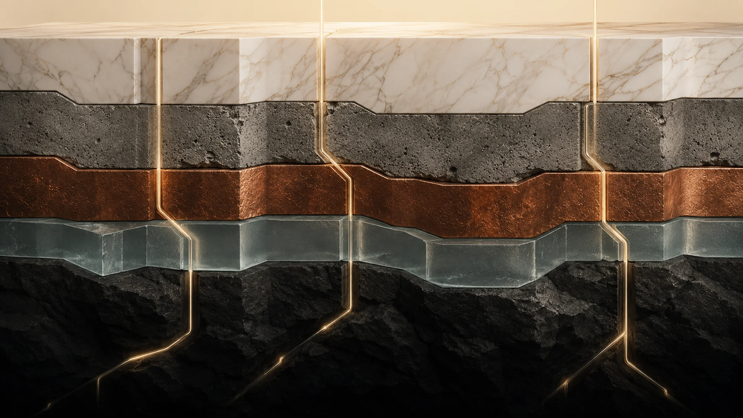 Abstract illustration of interlocking fiscal mechanisms descending into layered strata, representing the structure of Canada's carbon capture commitment architecture