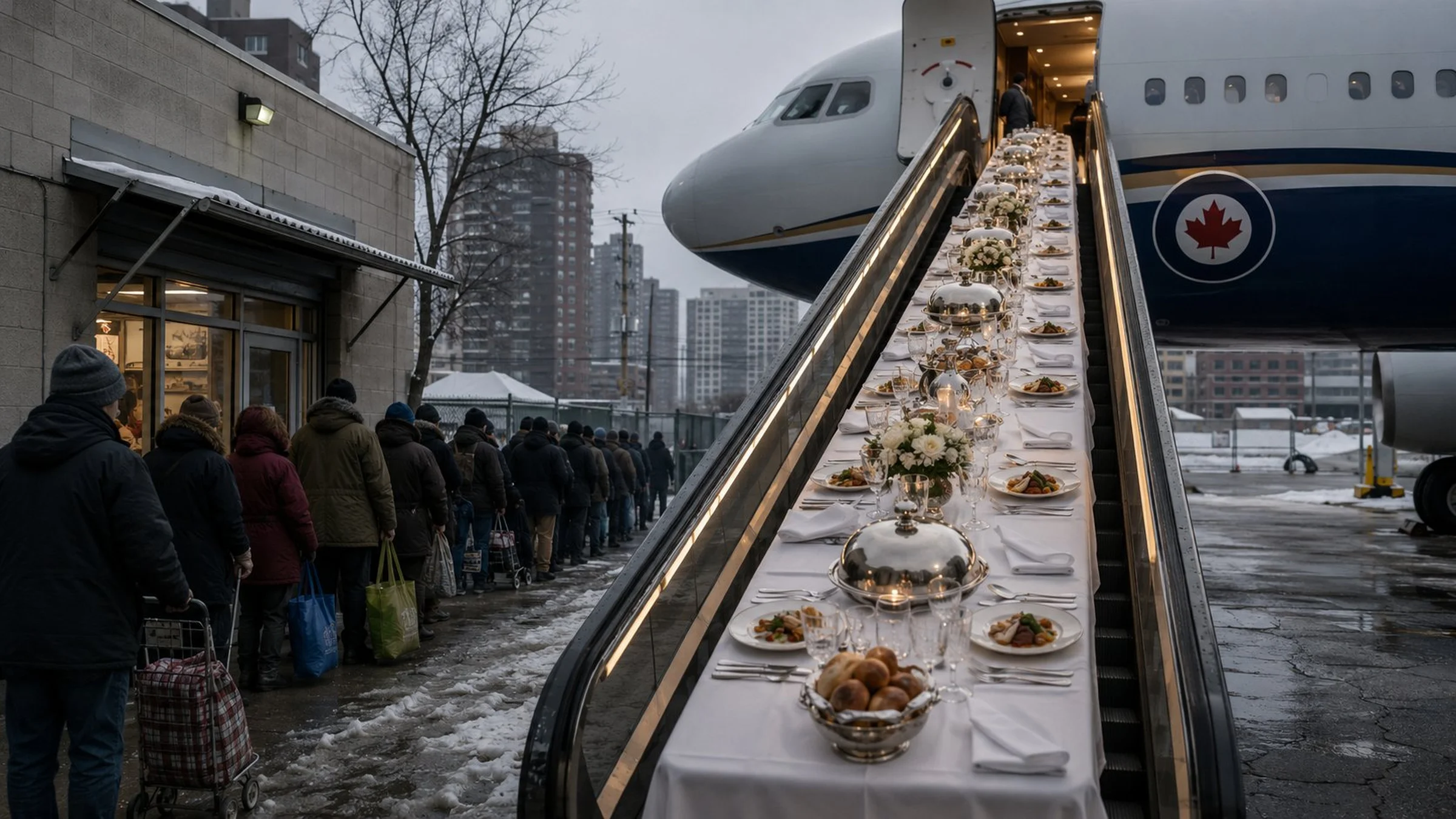 Illustration: a formal banquet table with silver cloches and fine china runs up the airstairs of a Canadian government aircraft, while people in winter coats queue at a food bank entrance on the snowy tarmac beside it
