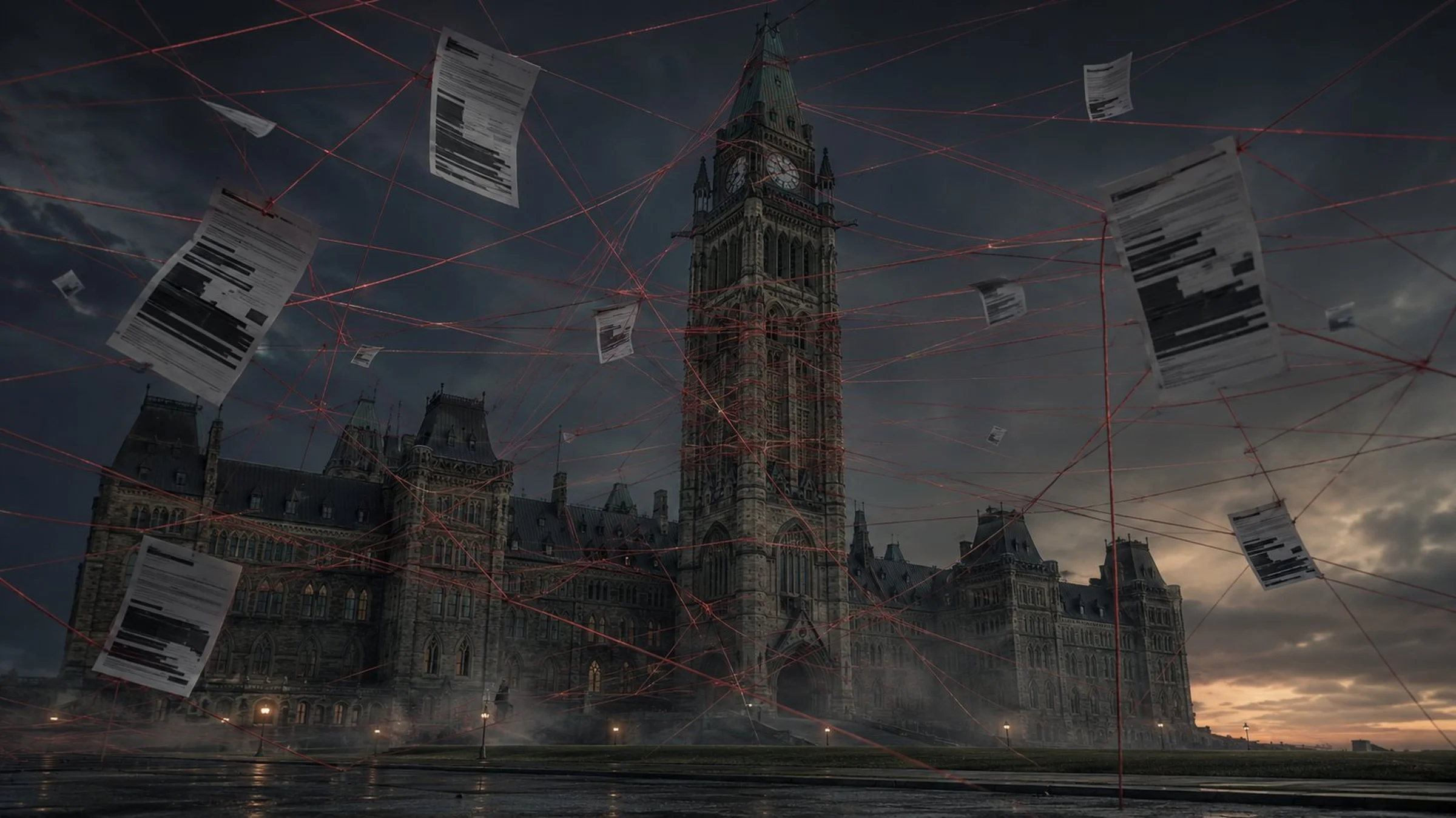 Illustration of a Canadian government building with a widening crack running through the foundation, documents blowing in the wind around it