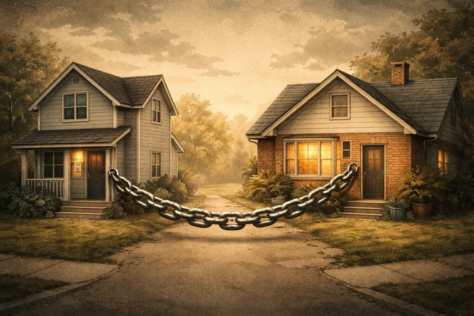 Two houses connected by a heavy chain, illustrating the financial entanglement of co-signed mortgages