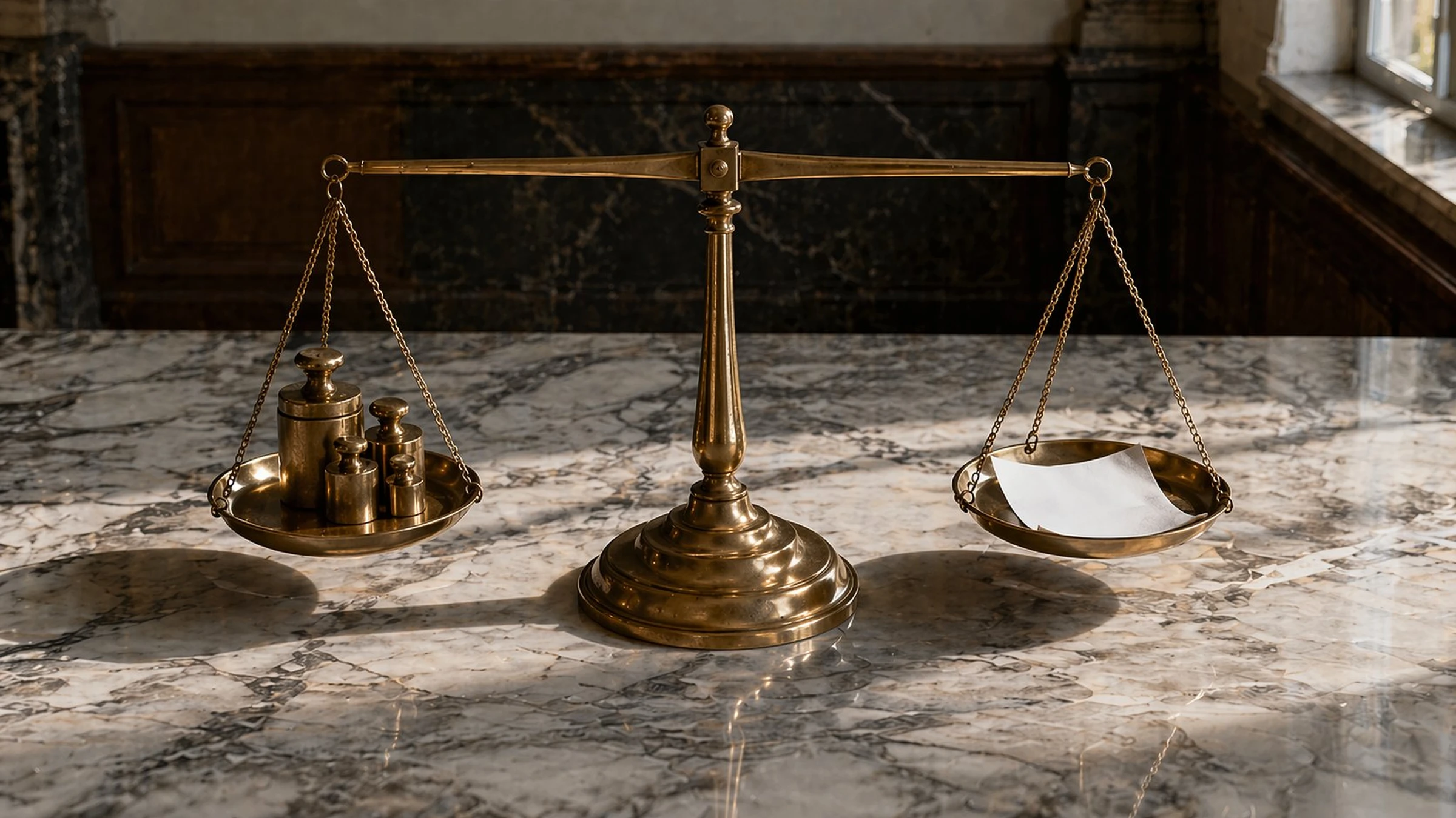 A brass balance scale on a marble surface in an institutional room, with heavy brass weights on the left side and a single sheet of paper on the right, the beam impossibly level
