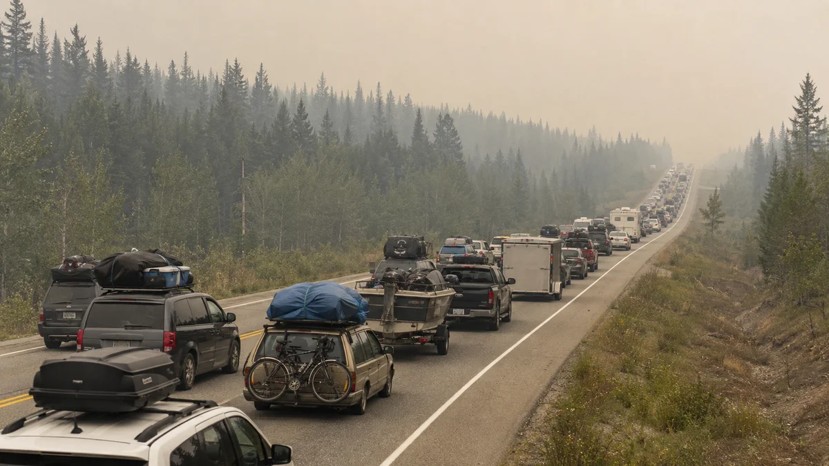 A line of vehicles loaded with belongings stretches into wildfire smoke haze on a two-lane highway through boreal forest.