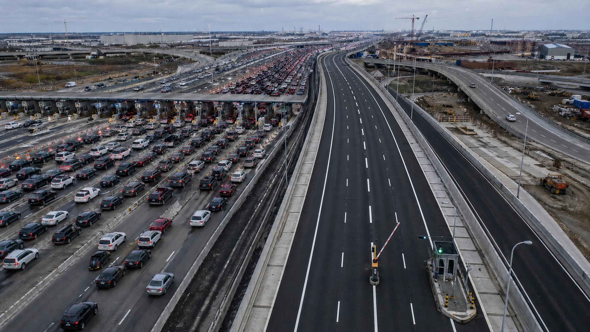 Aerial photograph of a congested multi-lane highway with toll booths alongside an empty bypass road with a single open gate, both leading toward construction cranes on the horizon