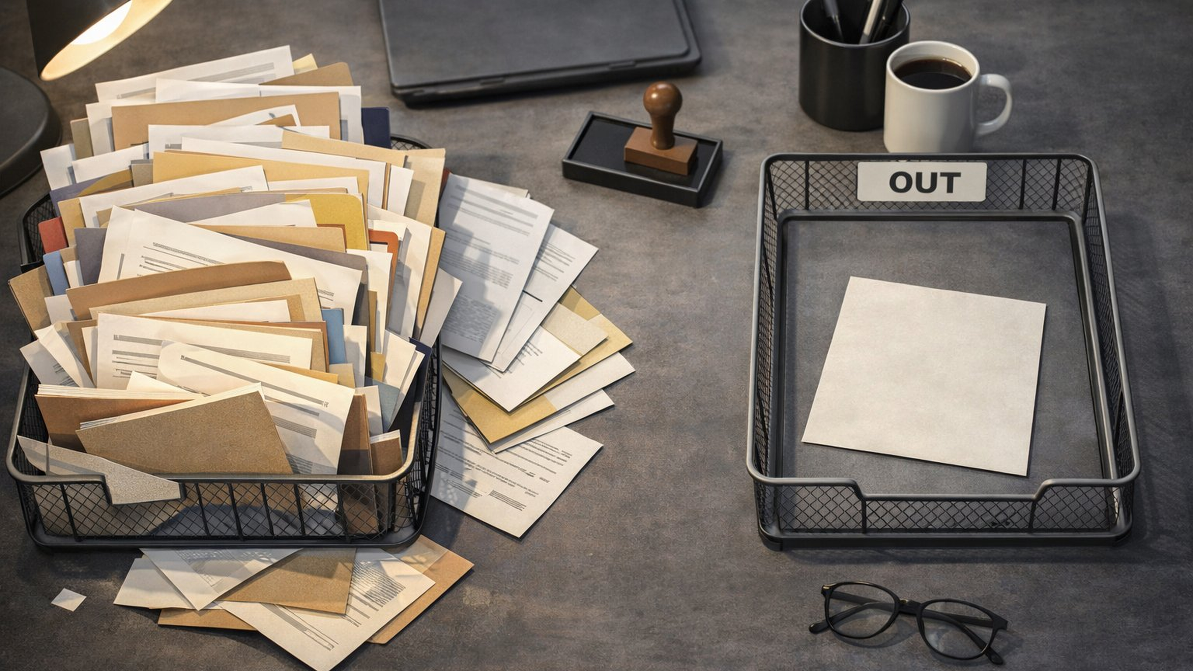 First-person overhead view of an institutional desk with an overflowing inbox tray full of manila folders and documents, and a nearly empty outbox tray labeled OUT containing a single sheet of paper, with a rubber stamp, coffee mug, reading glasses, and pen holder on the dark grey desk surface