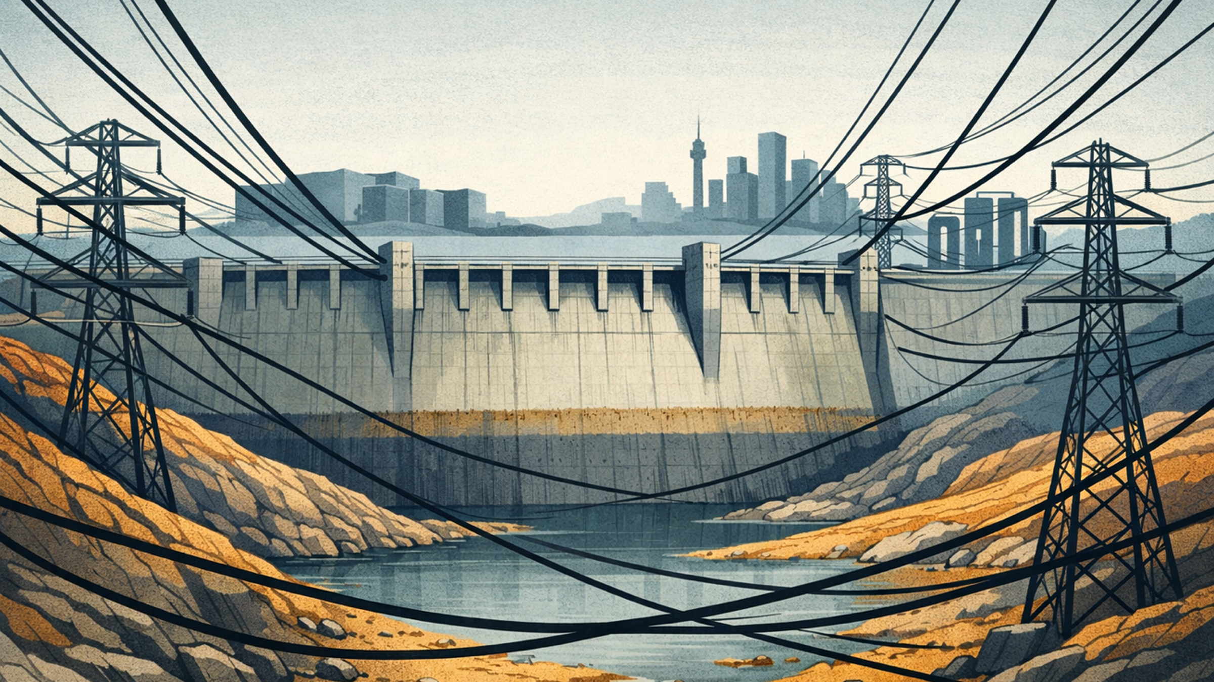 Editorial illustration of a hydroelectric dam with visibly low water levels, exposed rock shoreline, and transmission towers stretching toward a city skyline on the horizon