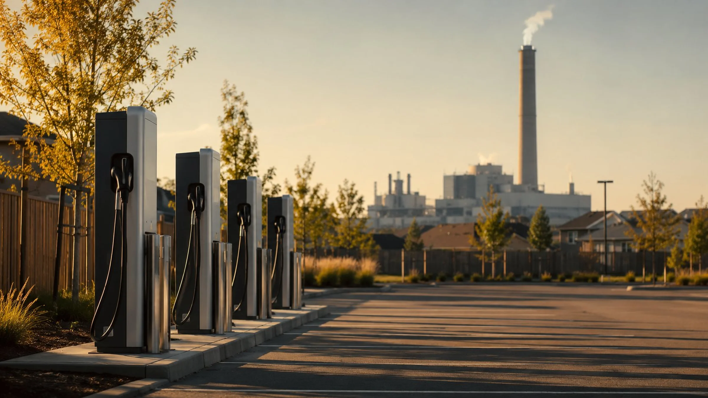 A natural gas power plant exhaust stack in soft focus behind a row of residential electric vehicle charging stations, golden hour light casting long shadows across an empty parking lot