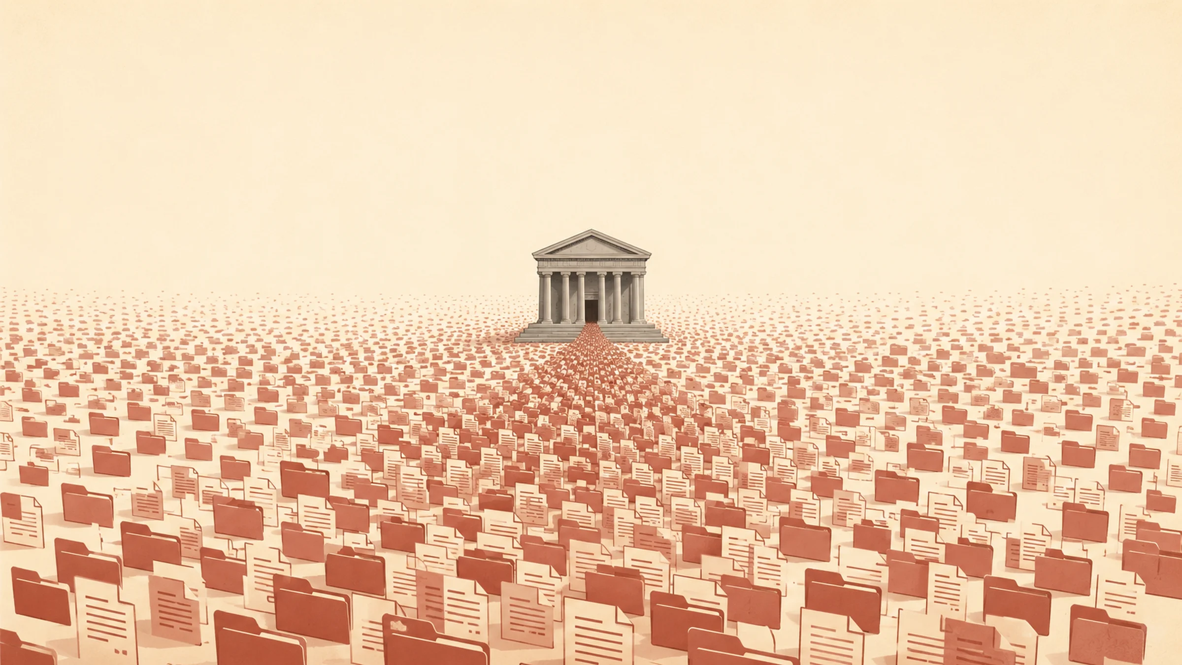 Editorial illustration of a small classical courthouse surrounded by thousands of file folders stretching to the horizon, representing the volume of immigration cases overwhelming the Federal Court