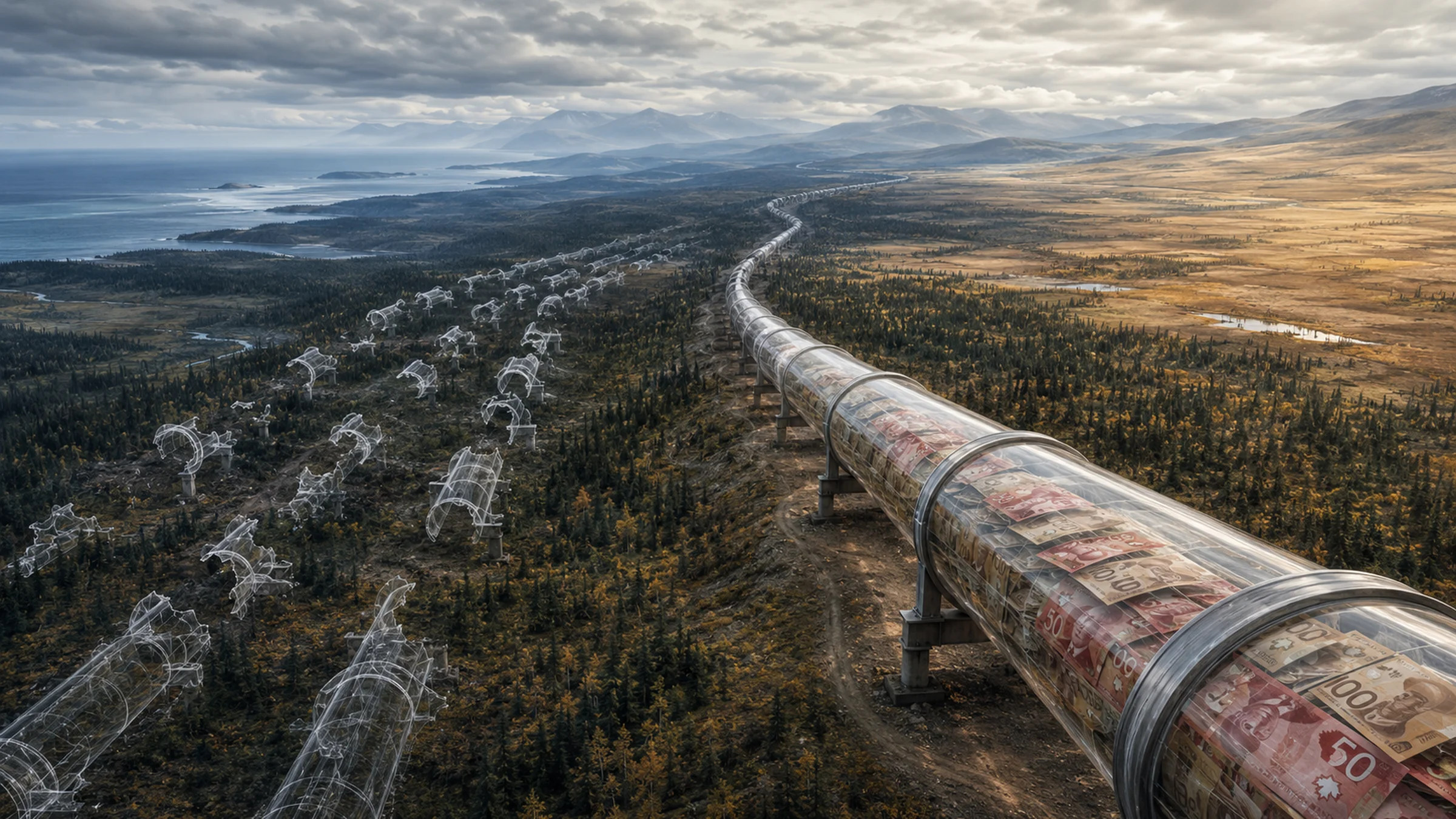 Aerial illustration of a single translucent pipeline filled with Canadian currency stretching across boreal landscape toward the Pacific coast, with three faded ghost-outline pipelines running parallel but broken and dissolving into the terrain