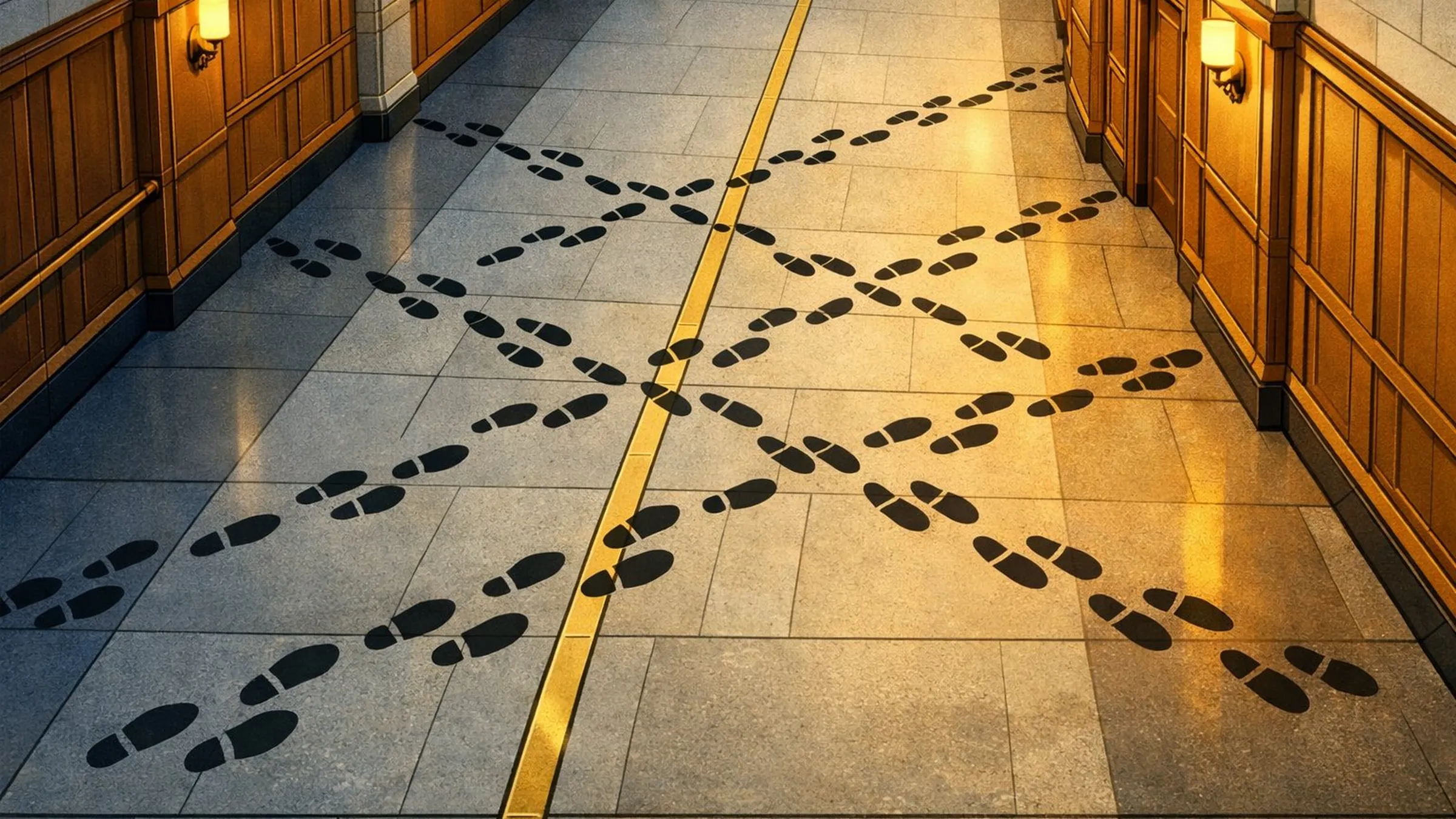 An overhead view of a parliamentary corridor with four sets of footprints crossing from the opposition side to the government side over a brass center line