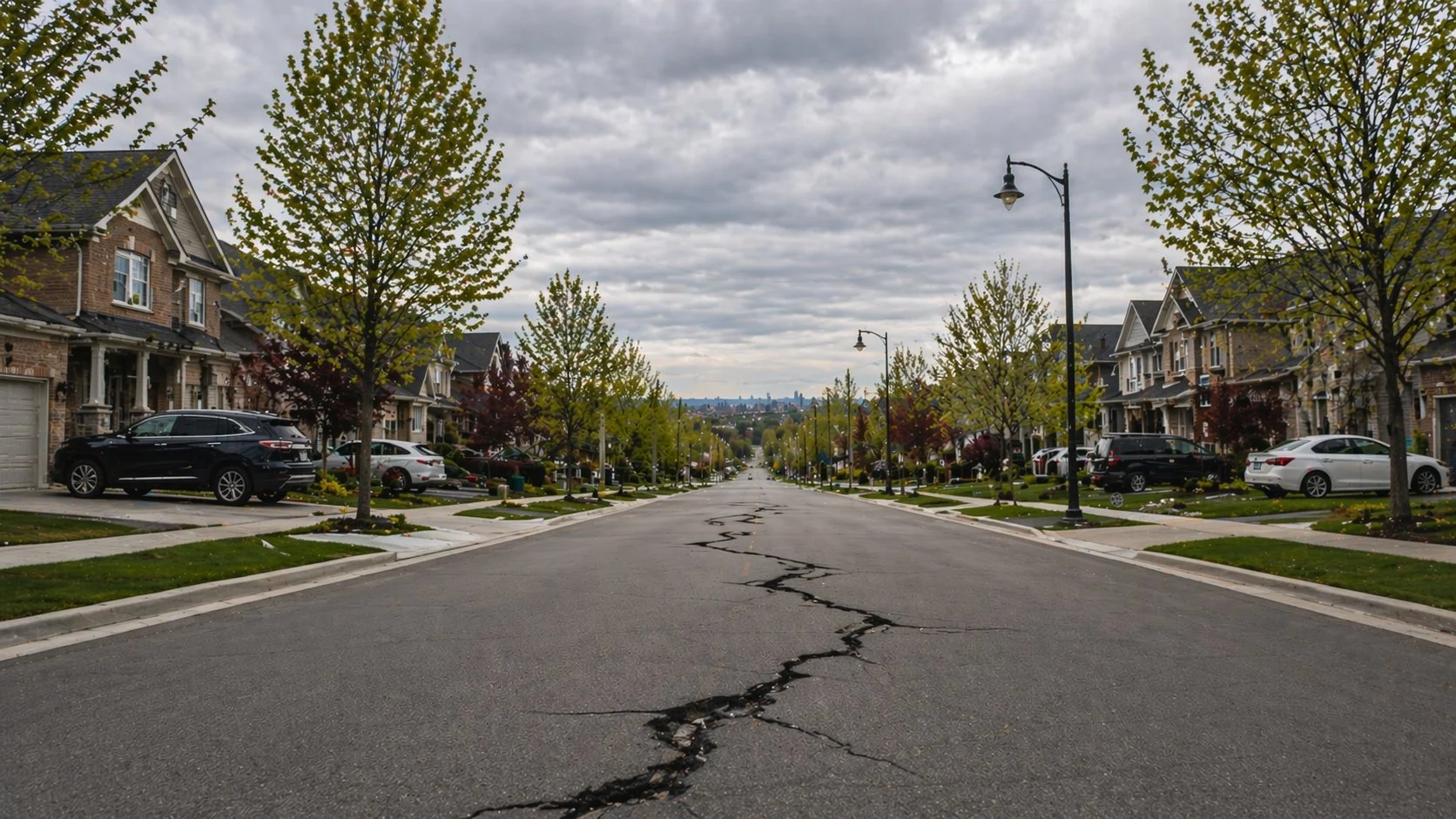 Empty Canadian suburban street with cracked pavement stretching into the distance under heavy overcast skies, houses and parked cars on both sides