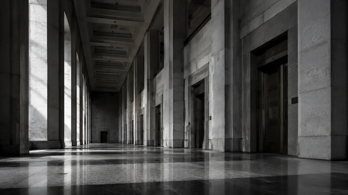 An austere columned corridor of a government building receding into shadow, cool daylight through tall pillars.