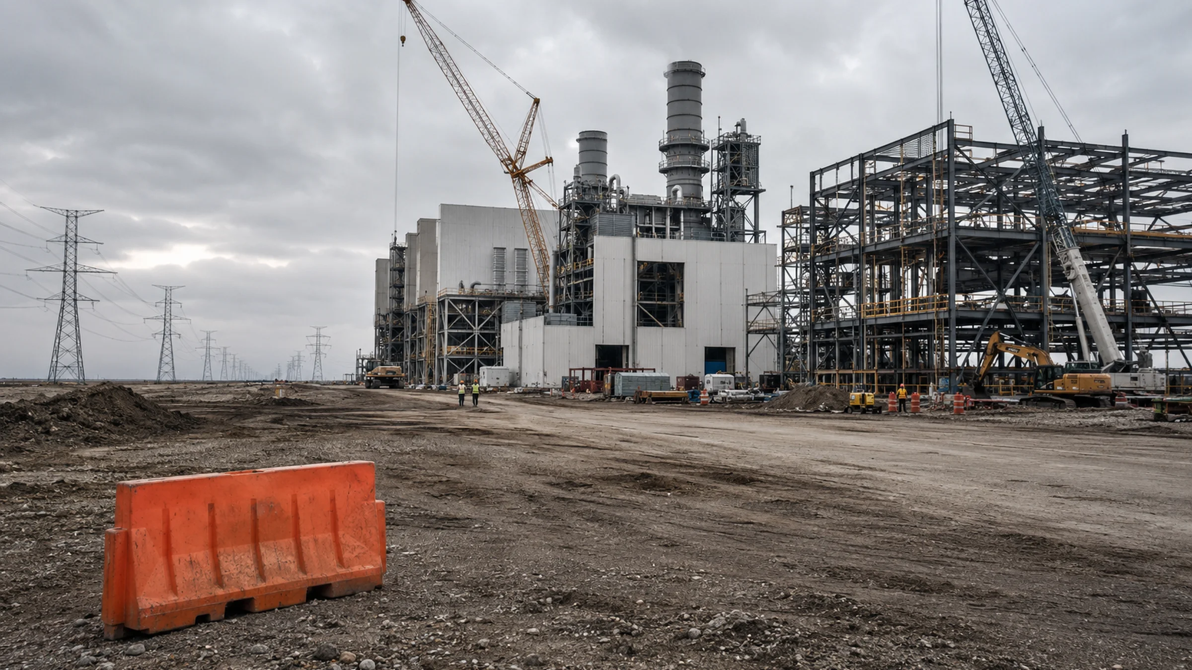A natural gas power plant at dusk with cooling towers releasing steam against a grey sky, transmission lines stretching into the distance toward a dark horizon
