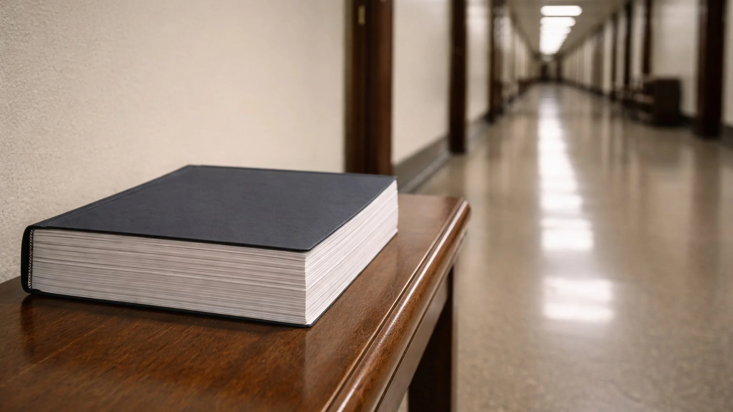 Photorealistic image of an official bound report left on a wooden bench in an institutional government hallway, fluorescent lighting with the corridor receding into soft focus