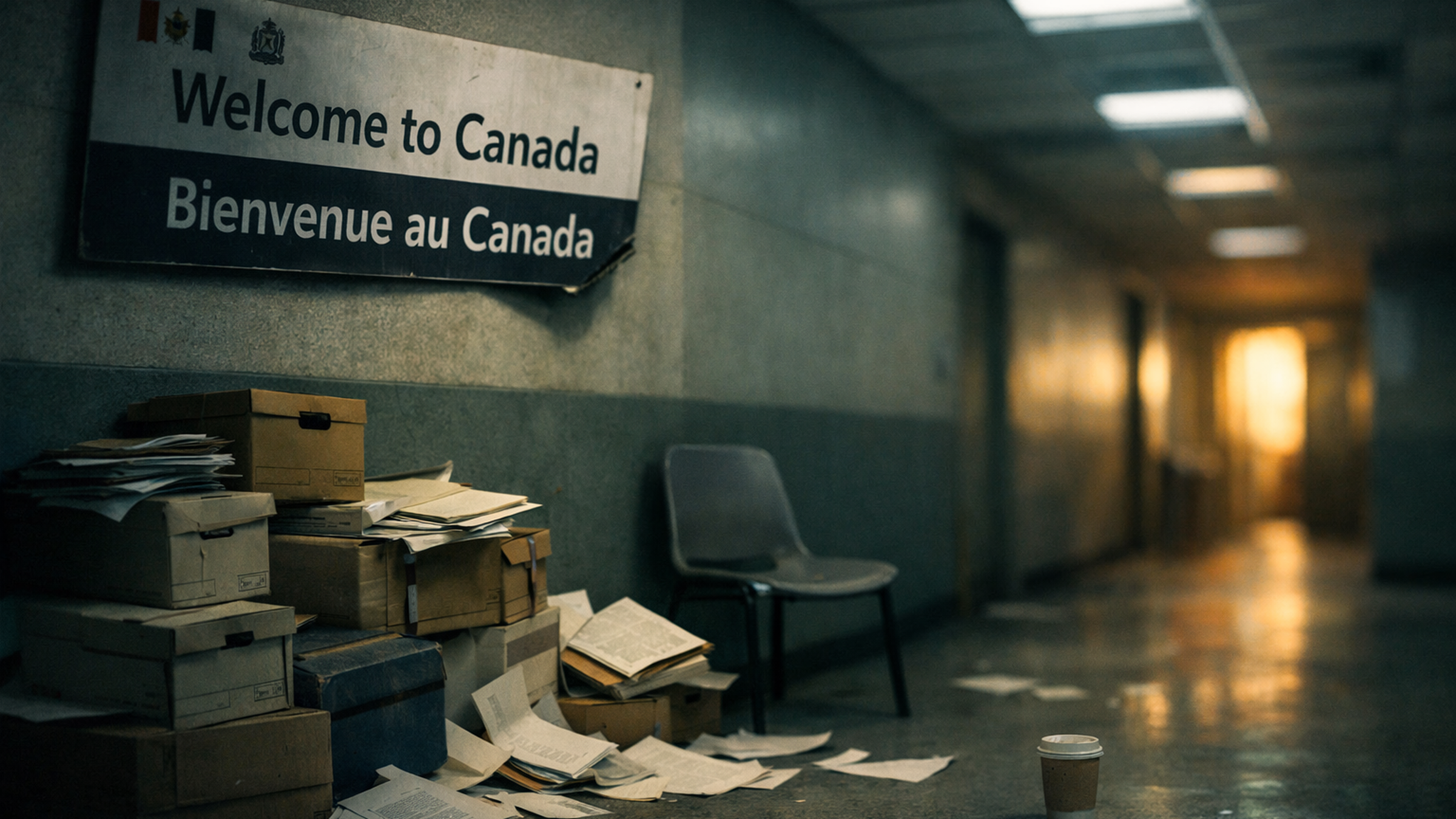 Editorial illustration of a large open door slowly closing, with long shadows cast across institutional corridors and stacked documents visible through the narrowing gap