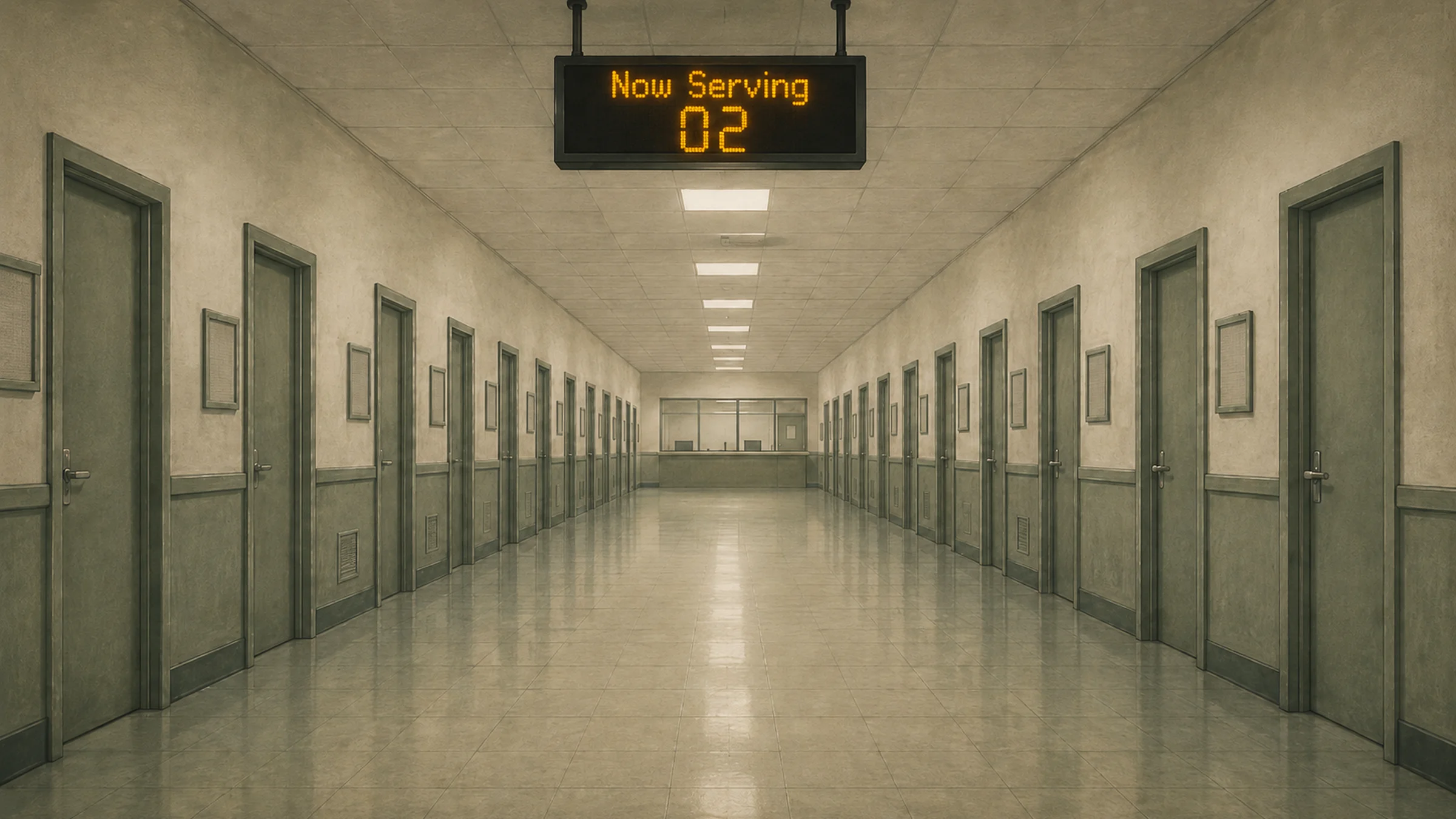 An empty government service counter with a long queue number display, bathed in flat fluorescent light