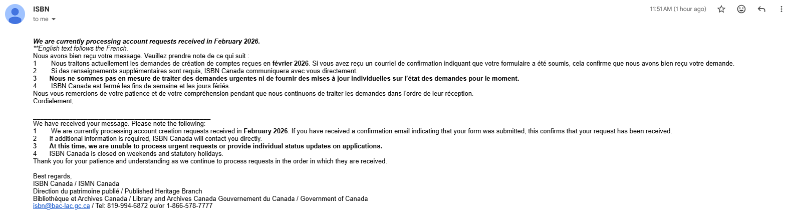 Screenshot of ISBN Canada auto-reply email, May 2026: states the agency is currently processing February 2026 account creation requests and is unable to process urgent requests or provide individual status updates
