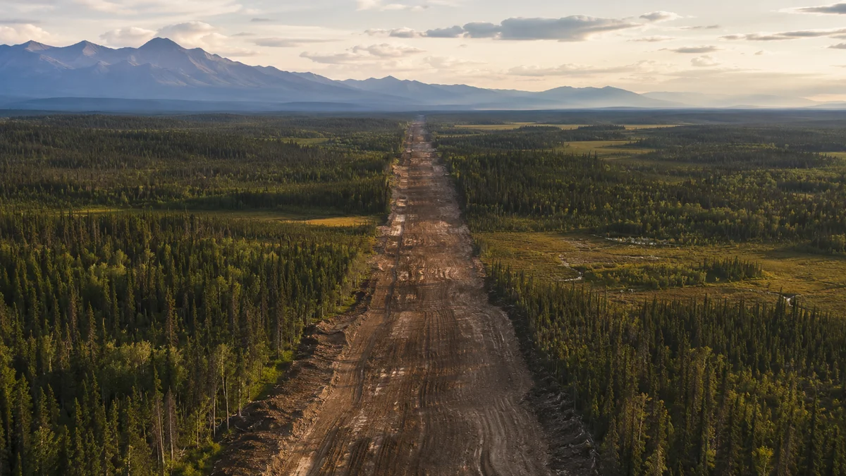 An aerial view of a pipeline right-of-way cutting through boreal forest, with no construction equipment visible on the cleared corridor