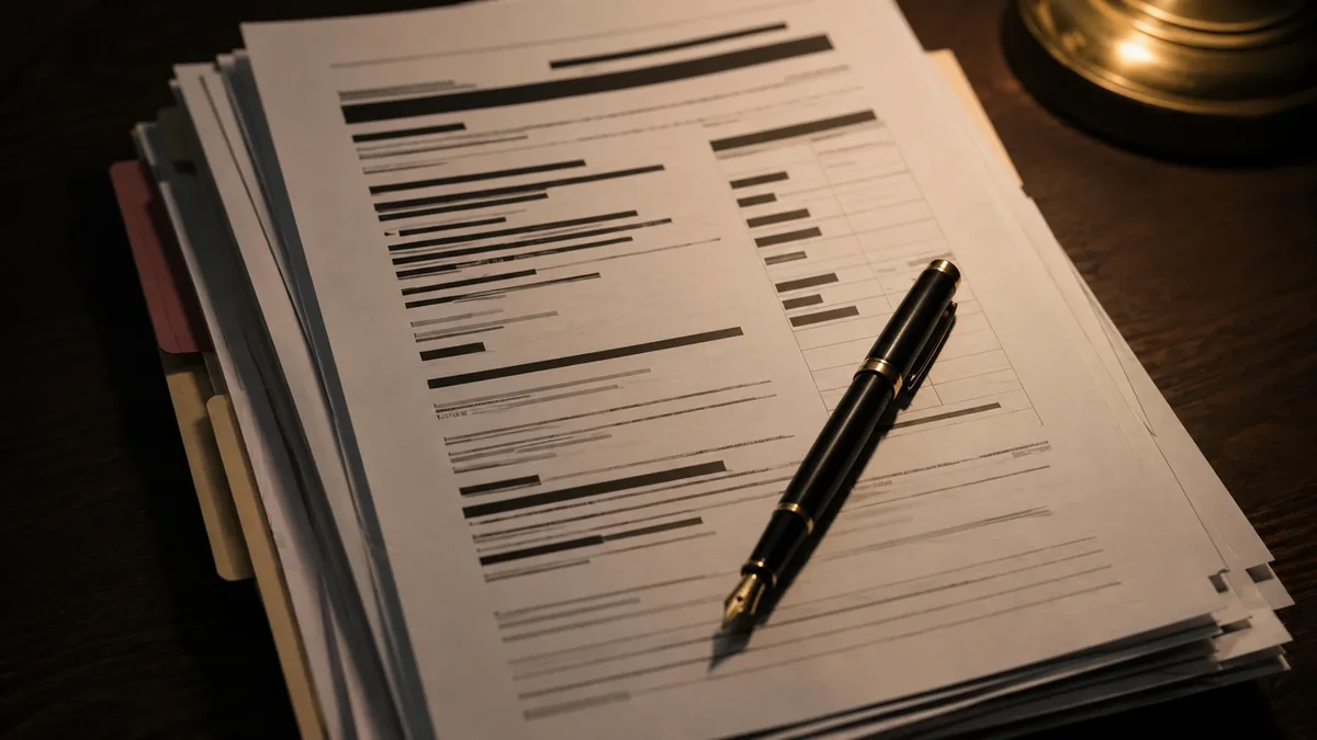 Redacted financial-disclosure documents with a fountain pen on a dark wood desk.