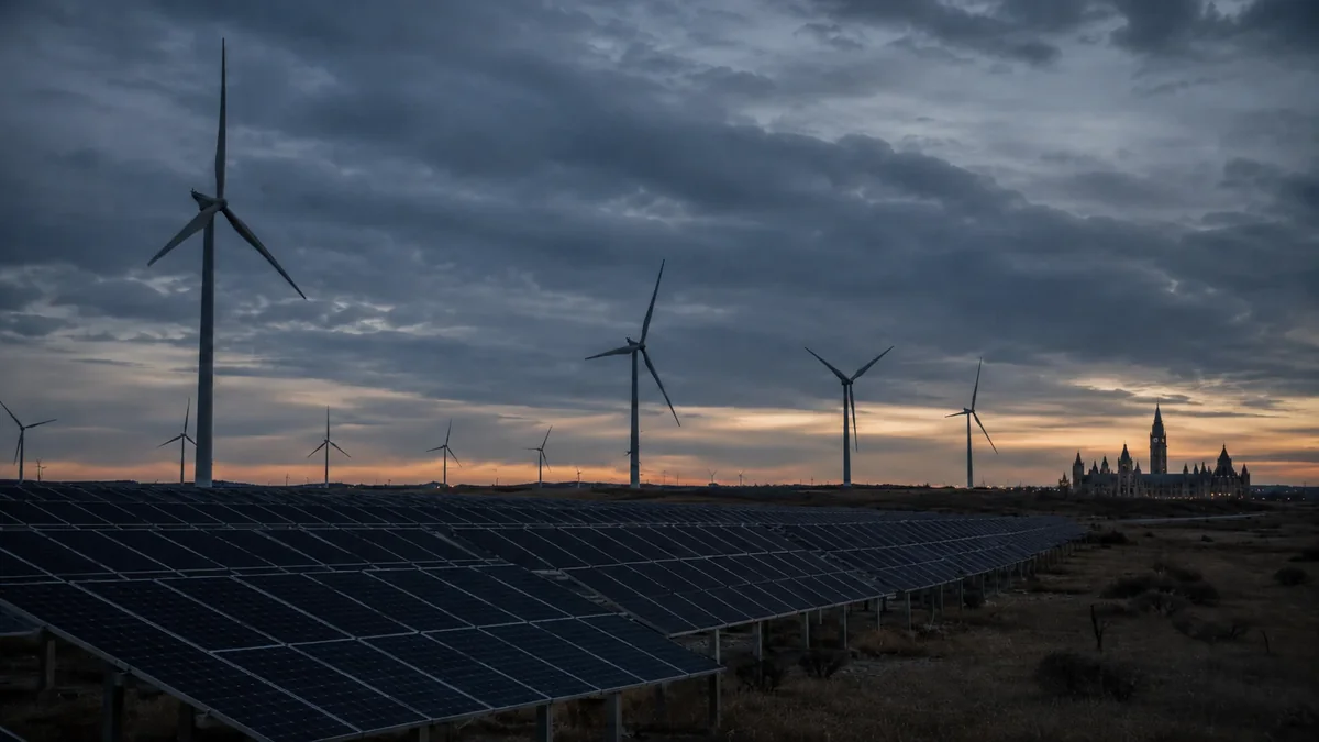 A wind and solar transition energy site at dusk, turbines silhouetted against an overcast sky with Parliament Hill on the horizon.