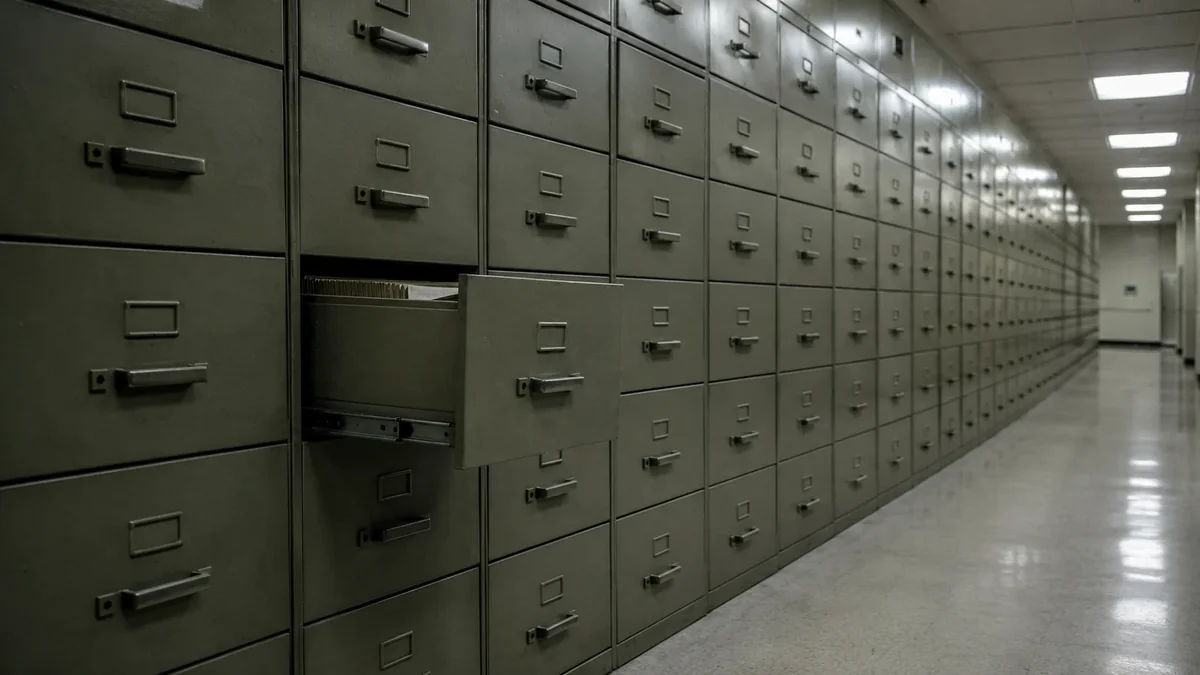 A long wall of grey government filing cabinets, one drawer left ajar.