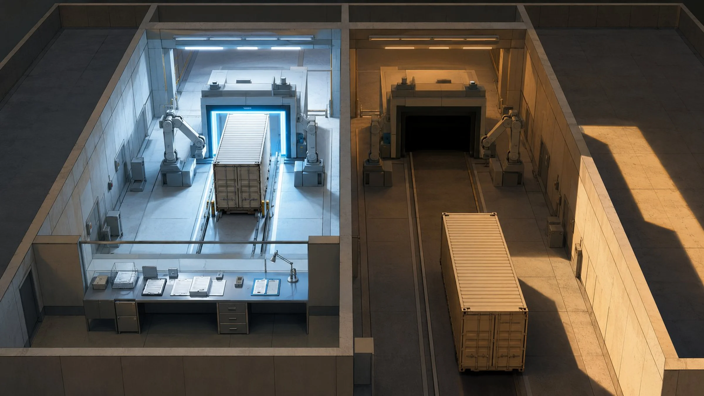 An empty customs inspection hall, sterile and brightly lit, with shipping containers visible through large windows, none of them opened