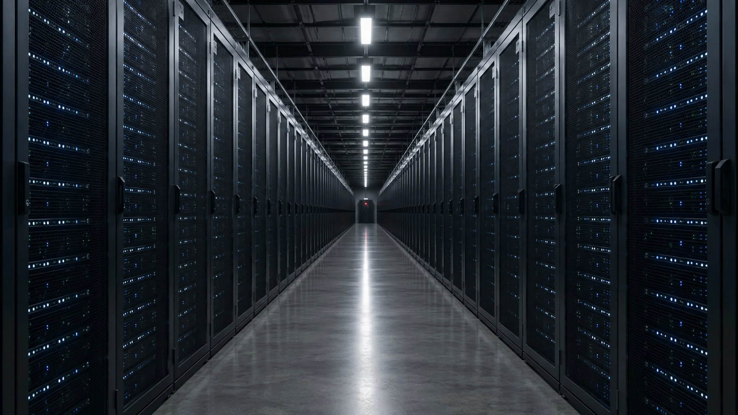 A long corridor of server racks in a data centre, lit by cool blue-white LEDs, with a single red indicator light glowing at the far end