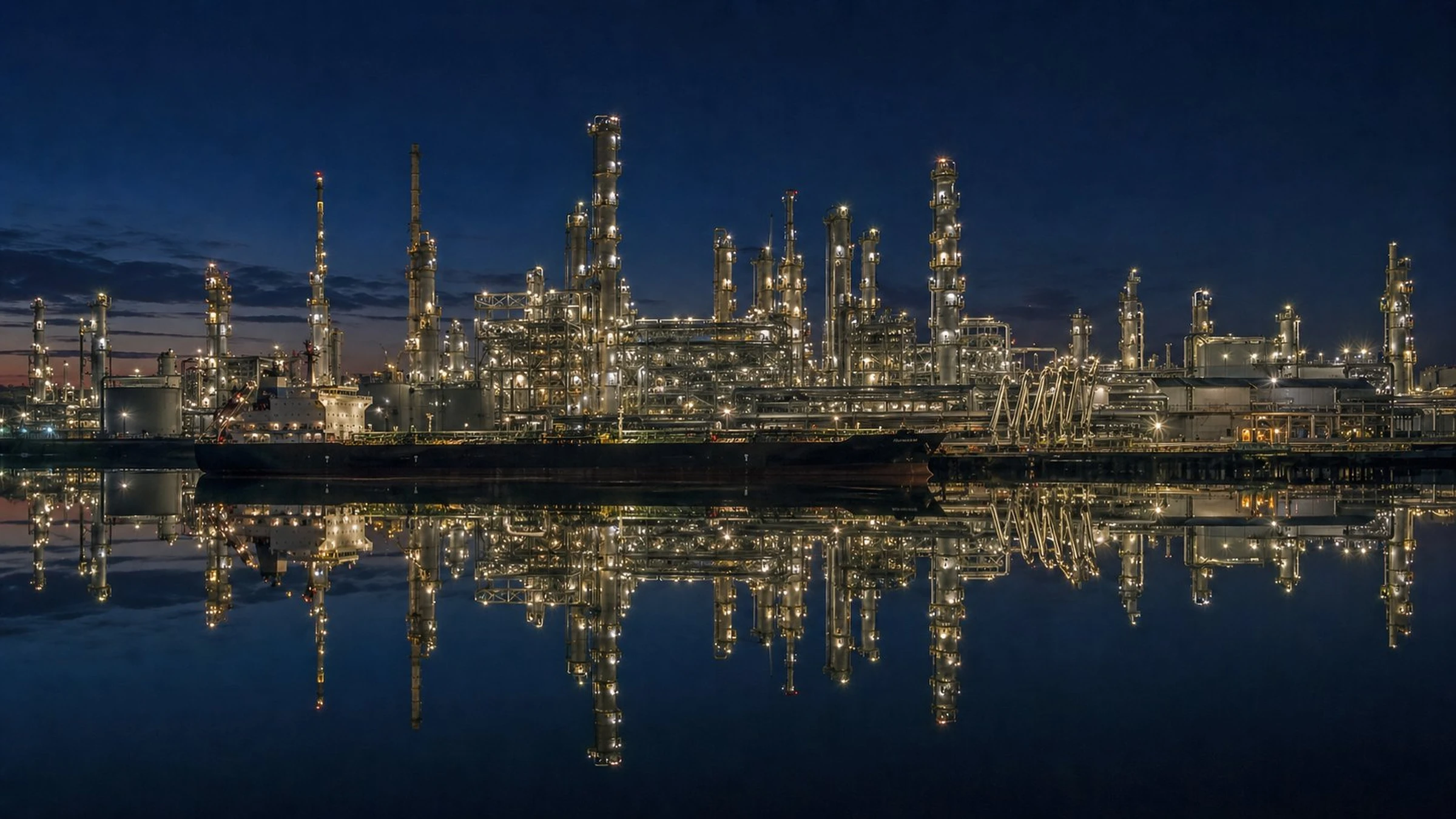 A complex oil refinery illuminated at night, reflected in still water, with a tanker docked at loading arms