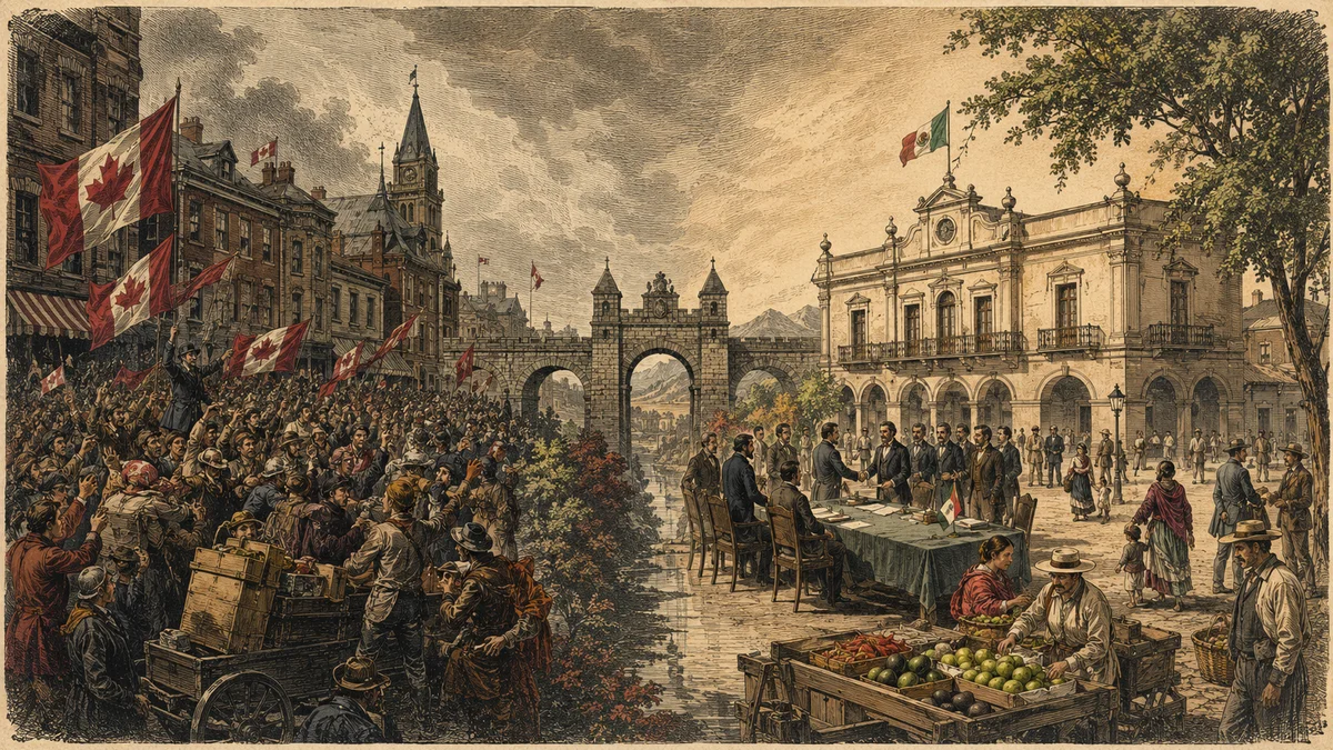 A split-scene engraving in the style of a 19th-century broadsheet: on the left, a crowd waves Canadian flags amid crates and agitation; on the right, Mexican officials negotiate at a table in a colonial plaza while commerce continues around them