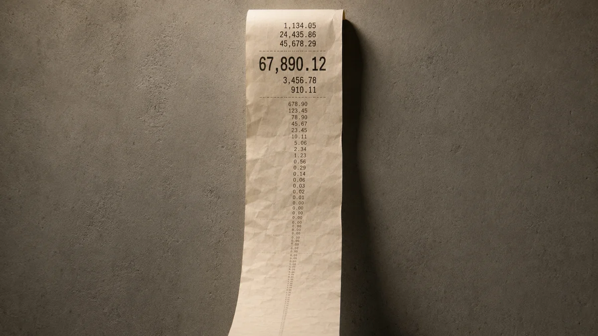 A receipt unfurling downward against a concrete wall, with large printed numbers at the top shrinking progressively to zeros at the bottom