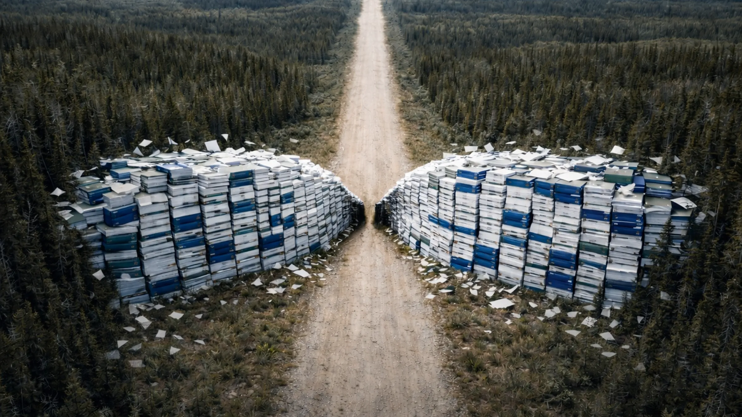 A pipeline stretching toward the horizon on one side, an empty tanker port on the other — two halves of the same structural gap.