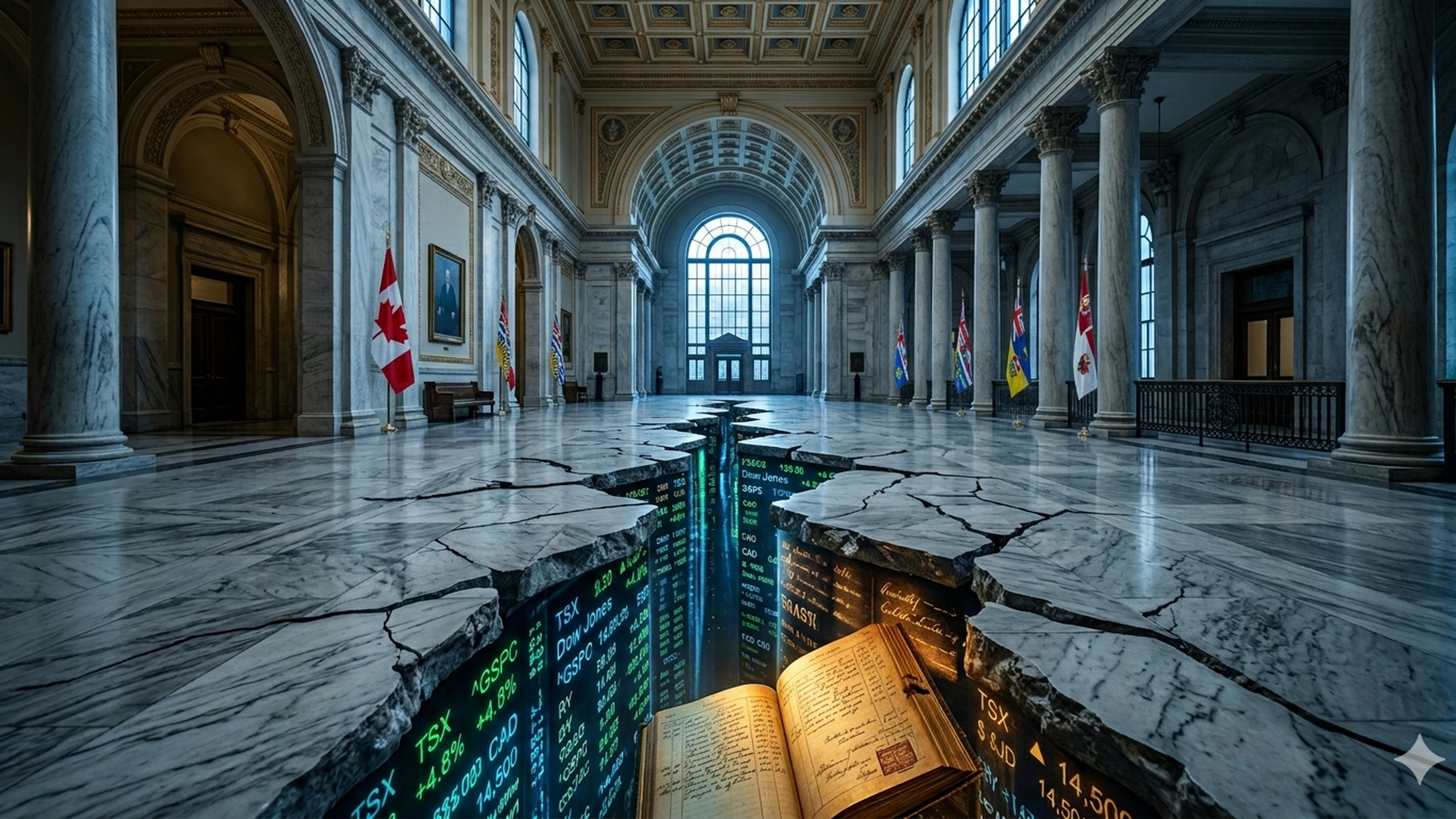 Editorial illustration of a Canadian parliamentary hall with marble floors cracked open, revealing stock market tickers and financial ledgers beneath the institutional surface