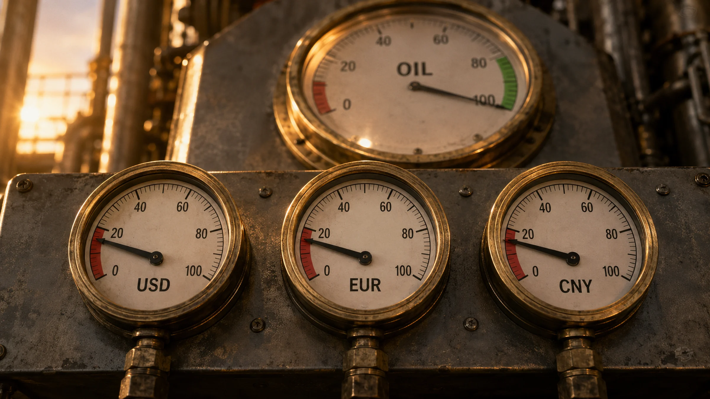 Four industrial pressure gauges on a brushed-metal panel. Three front gauges labelled USD, EUR, and CNY show needles in the red zone. A larger gauge behind them labelled OIL is pegged high in the green zone.