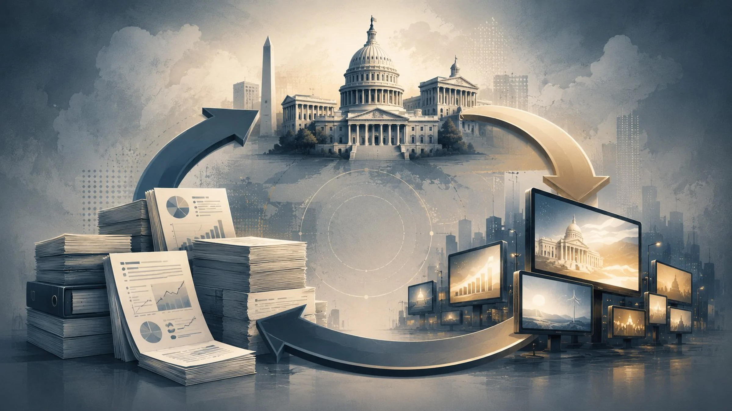 Abstract illustration of circular arrows connecting government buildings, research papers, and advertising screens in a continuous loop