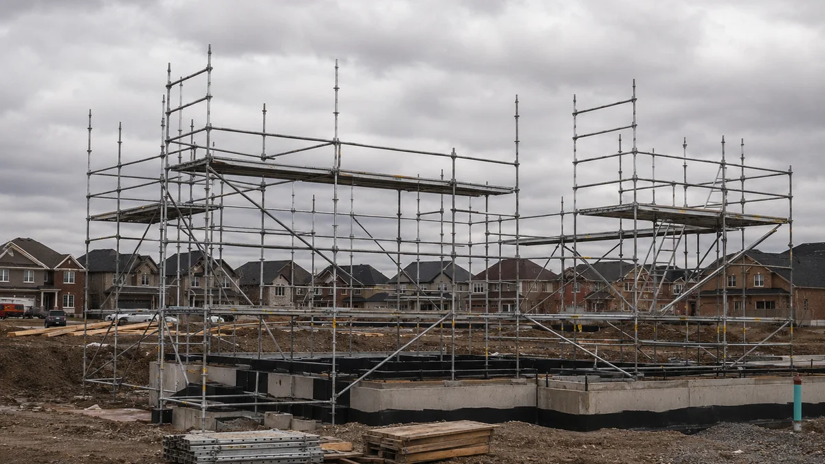 Scaffolding erected on a poured concrete foundation at a Canadian suburban construction site, no walls going up, with an existing neighbourhood of completed homes in the background under an overcast sky