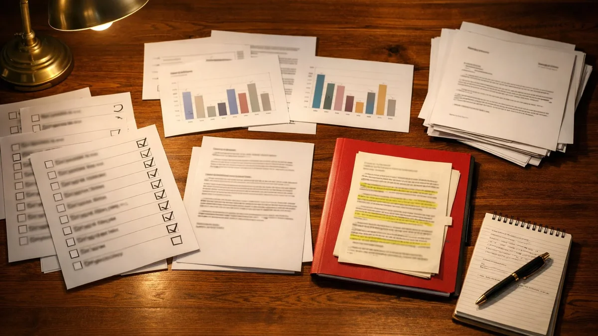 Overhead view of a wooden desk covered in organized documents: ballot papers with check marks, printed polling bar charts, a highlighted platform document with a red cover, stacked government letters, a pen and notepad, illuminated by a brass desk lamp