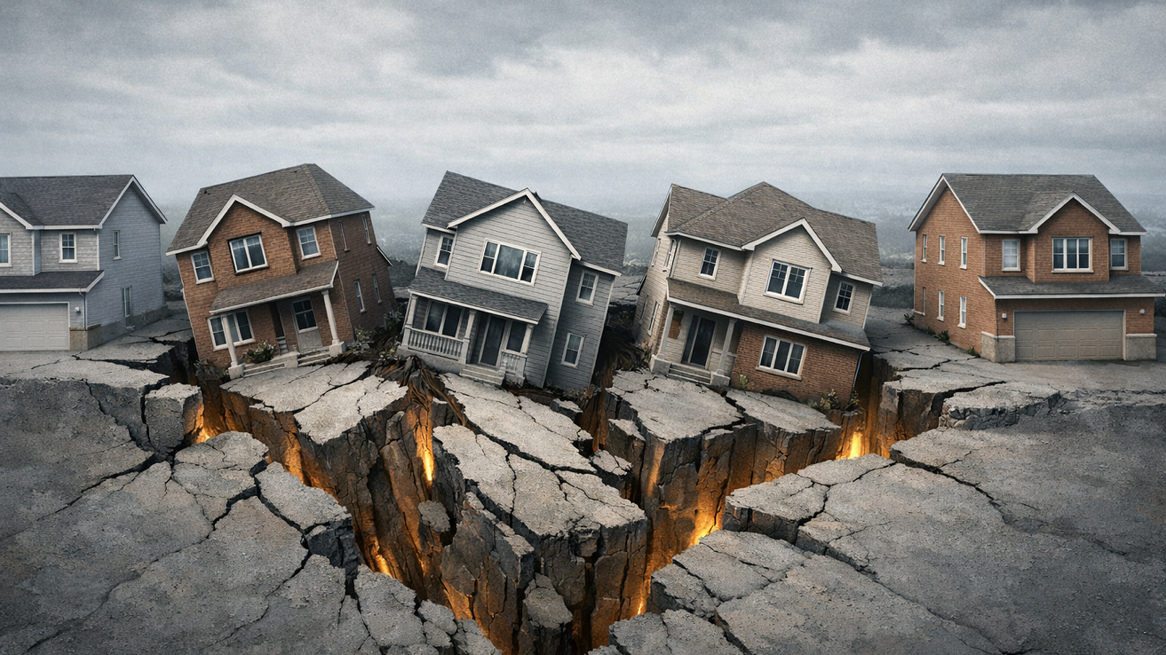 Editorial illustration depicting a row of suburban houses on a fracturing surface, with the houses in the centre sinking deeper than those at the edges