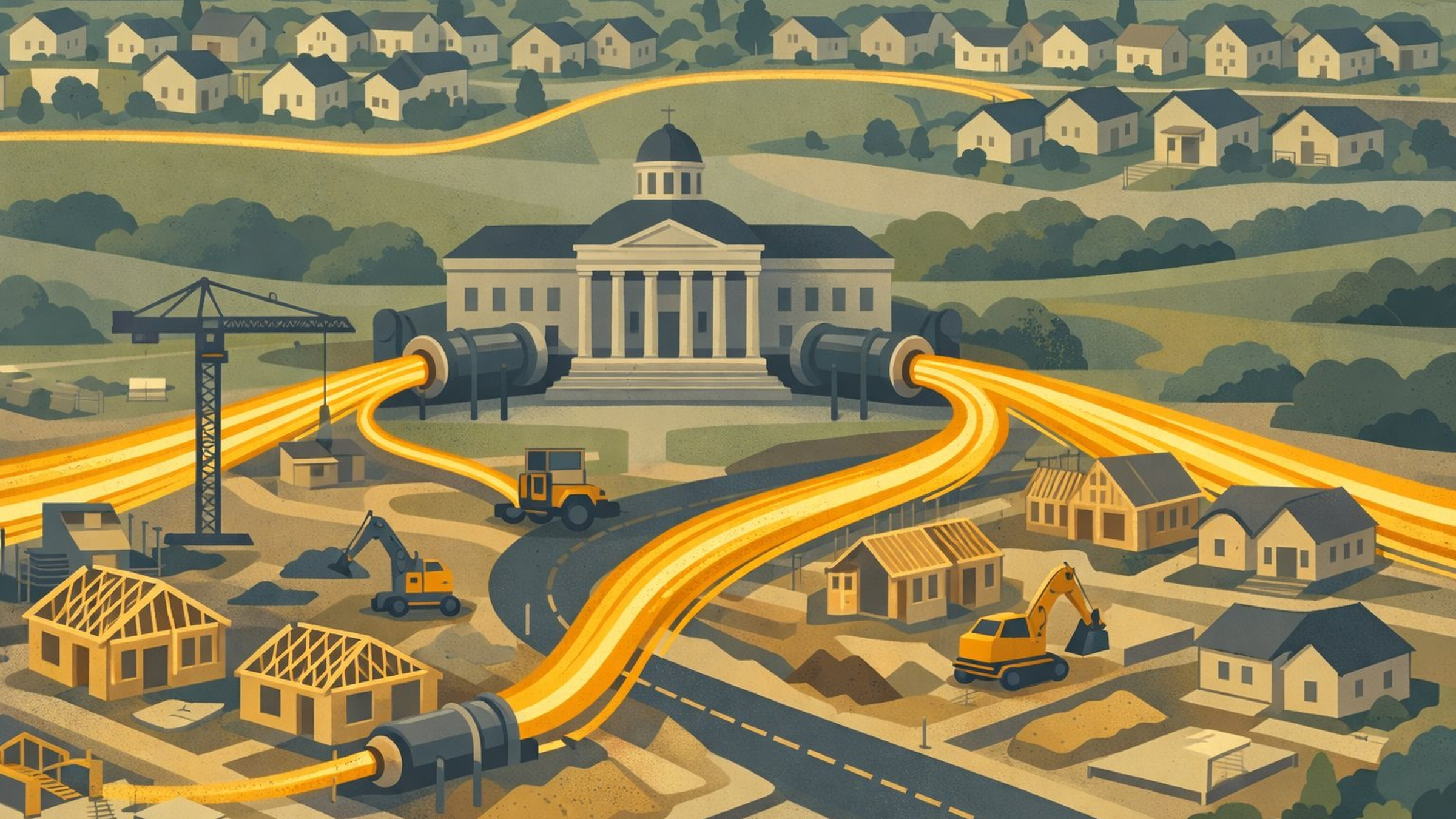 Editorial illustration showing streams of gold light flowing from a civic building to a suburban housing construction site, representing the transfer of infrastructure funding from public coffers to private development