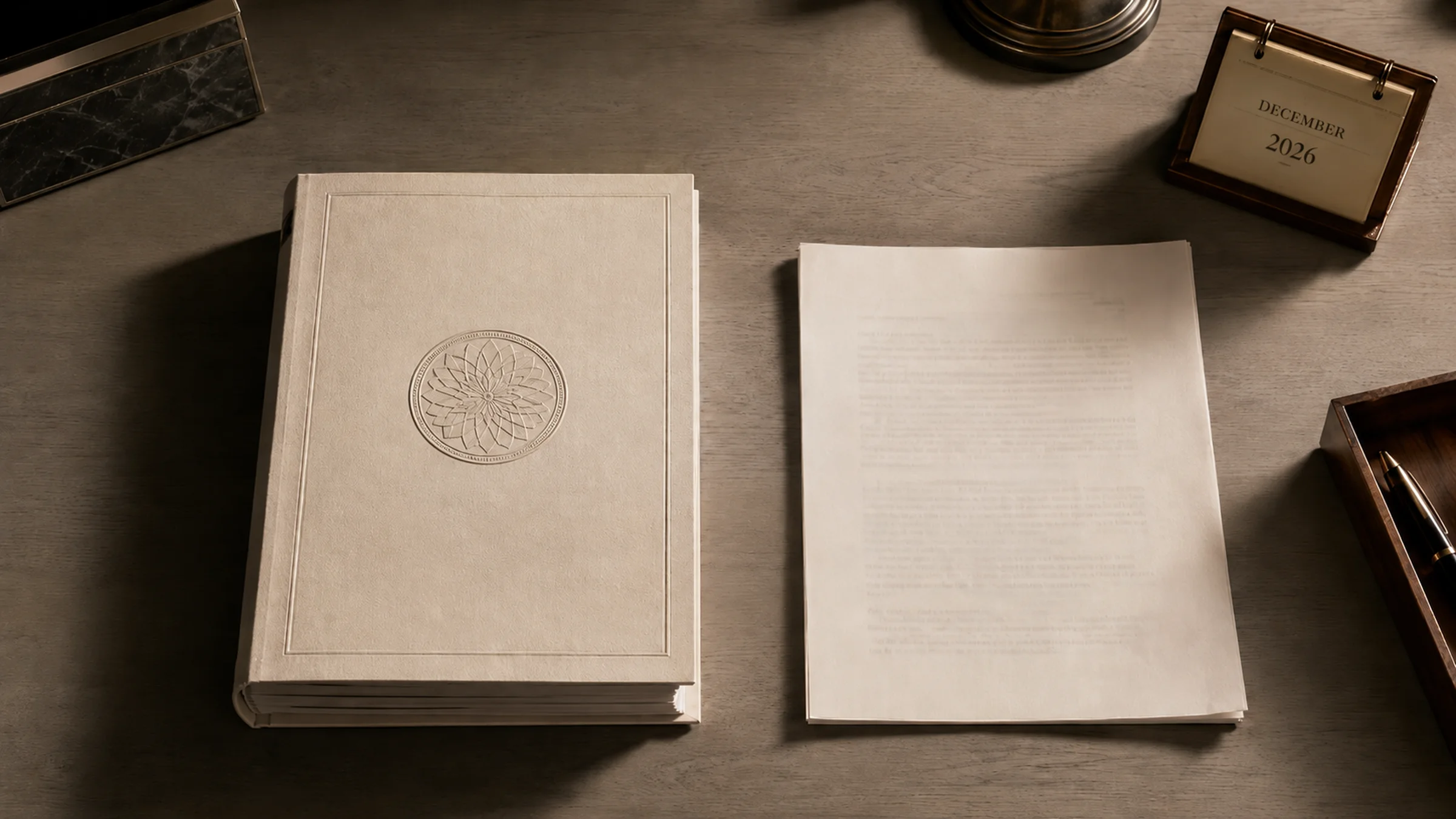 Top-down editorial photograph of two documents on a desk: a thick bound volume with an embossed seal on the left, and a thinner briefing document on the right, with a small desk calendar reading December 2026 in the background